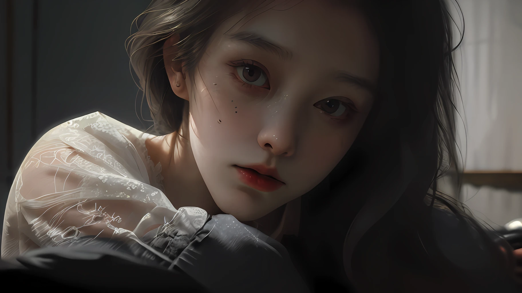((Best quality)), ((masterpiece)), (detailed), a melancholic portrait of a disheveled young woman, (asymmetric:1.2), seated on a bed in a dimly lit and cluttered room. The subject exudes a sense of dejection and exhaustion, with her (tattered:1.2) clothing and (gaunt:1.2) appearance emphasizing her sense of despair. The shot is captured from a medium distance, with (low-key:1.3) lighting creating a somber and introspective atmosphere. The art style is inspired by the techniques of (Dutch Masters:1.3), with careful attention to (subtle contrasts:1.2) and (delicate textures:1.2) to convey the intricate emotions of the subject. In her hand, she holds a beverage, adding a sense of vulnerability and fragility to the scene. Despite her disheveled appearance, her face remains (exquisitely beautiful:1.3), with delicate features and a sense of quiet dignity.
