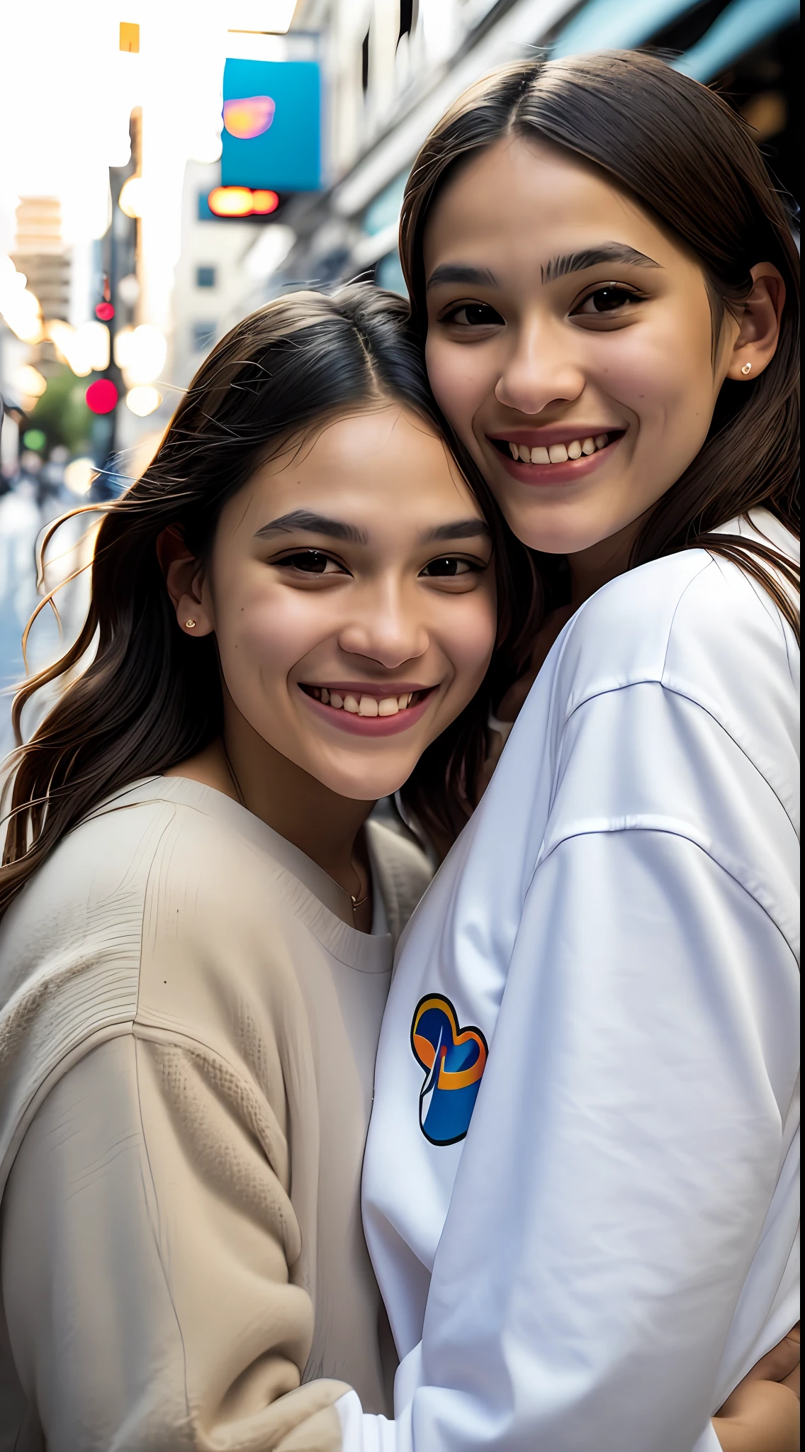 Photo in Raw, Photo essay, two women, brown hair, Brazilian women, light eyes, city, on the street, urban, couple of two women, lesbian couple, late afternoon, delicate, one looking in love and the other happy, smiling, happy with each other, passionate, comfortable clothes, diffuse light on the face, open plan, high quality, Sony A7III, 8k, lens 16 mm 2.4