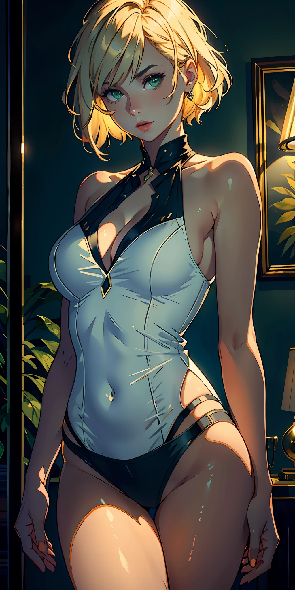 A girl with short blonde hair, green eyes, and fair skin captivates in a sleeveless blouse, basking in the artistic studio lighting reminiscent of Paramount. Her features are highlighted by the soft and flattering illumination, accentuating her natural beauty. The illustrative style draws inspiration from the elegant and refined portraits of John Singer Sargent, known for his masterful use of light and shadow. The color palette combines soft and warm tones, enhancing the girl's radiant complexion. The camera angle captures her in a poised and confident stance, exuding a timeless charm and allure.