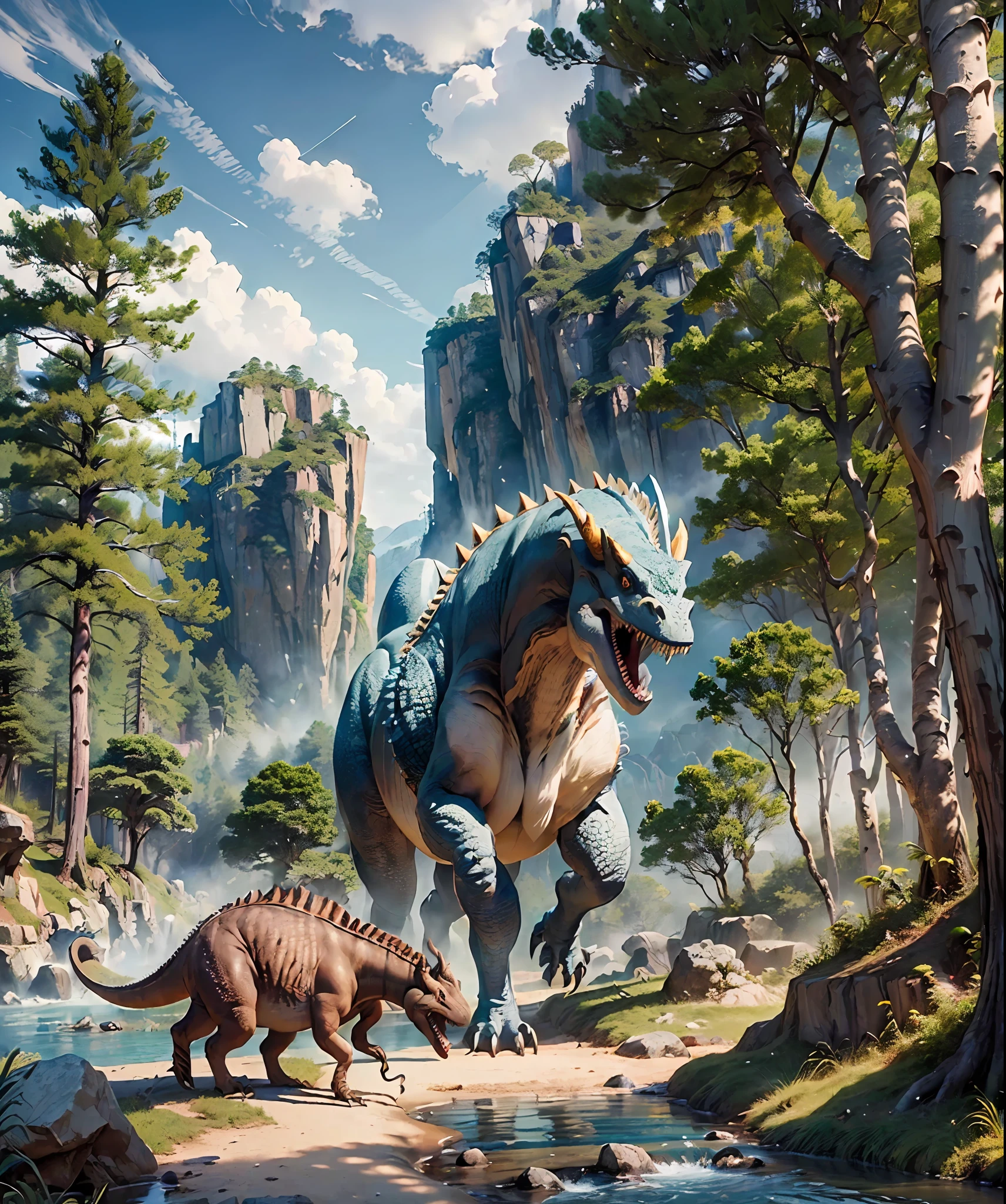 Masterpiece, best quality, (extremely detailed CG unity 8k wallpaper), (best quality), (best illustration), (best shadow), age of dinosaurs, primeval forest, giant dinosaurs, trees, stones, rivers, mountains,