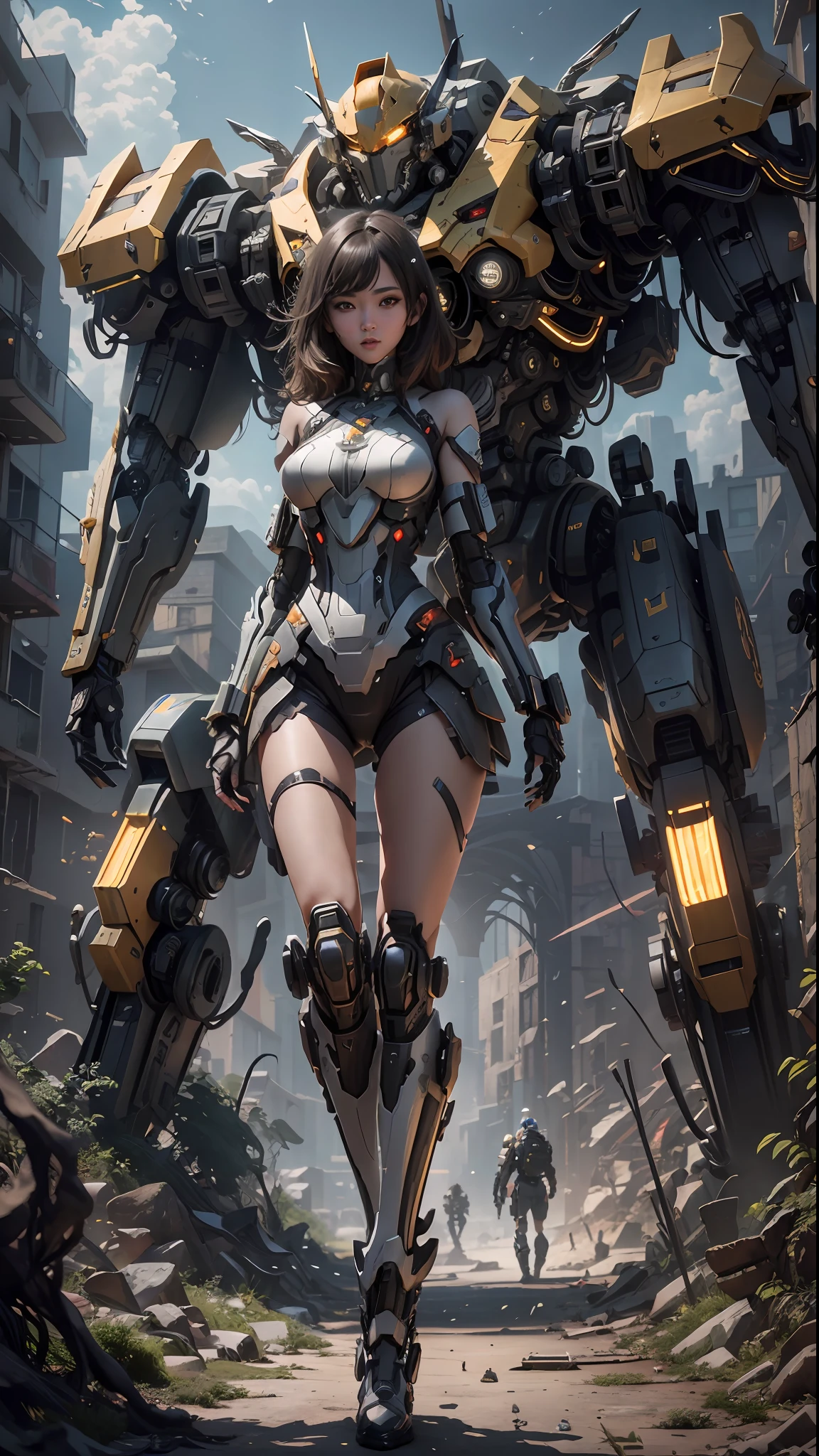 A woman in a futuristic suit is standing in front of a giant robot ...