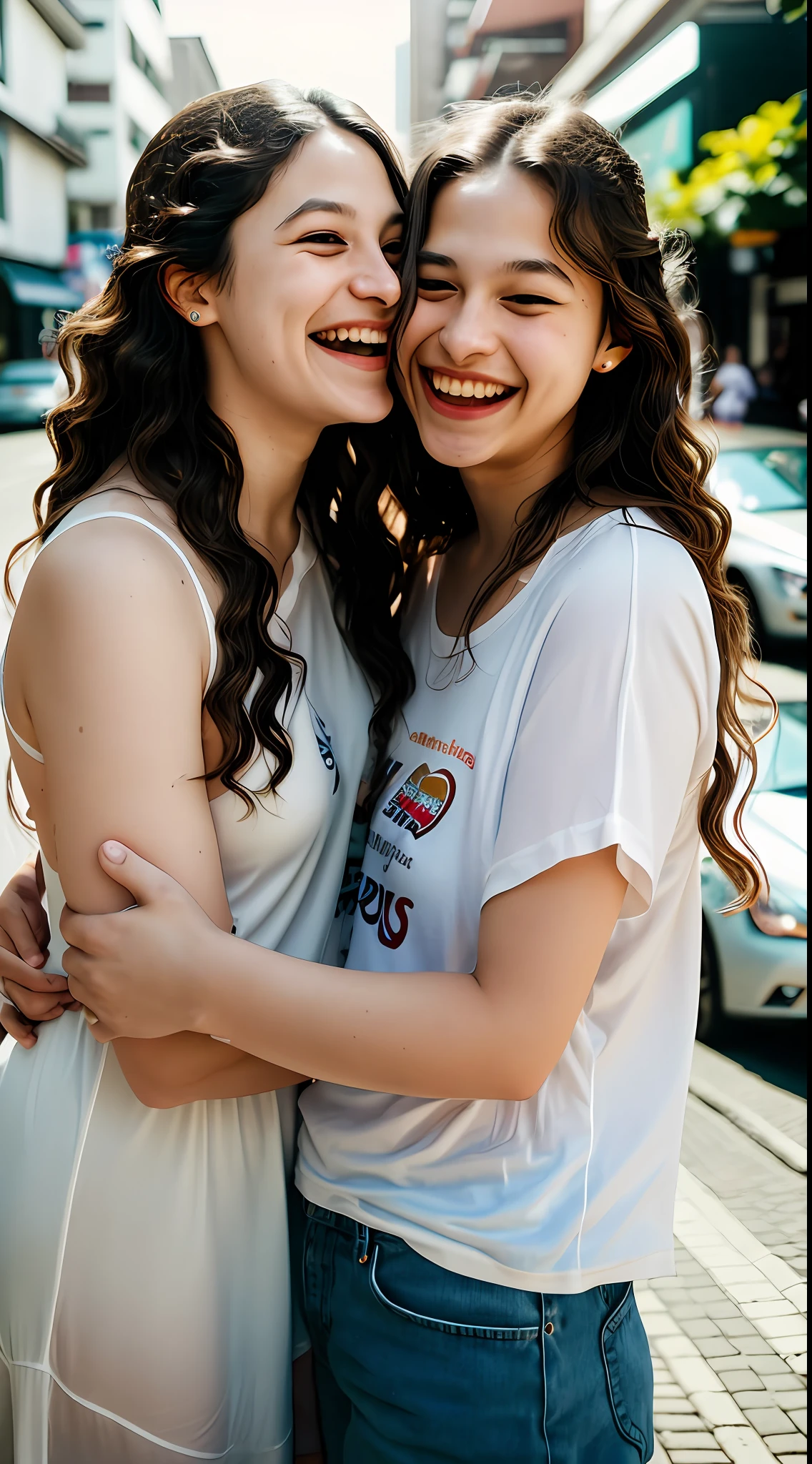 Photo in Raw, Photo essay, two women, brown hair, one wavy hair and the other straight hair, Brazilian women, women from south america, light eyes, city, on the street, urban, people and cars passing in the background, couple of two women, lesbian couple, photo essay of lesbian couple, late afternoon, delicate, passionate looks, joyful, laughing with happiness, spontaneous, happy with each other, passionate, comfortable clothes, diffused light, whole body, high quality, Sony A7III, 8k, lens 16 mm 2.4