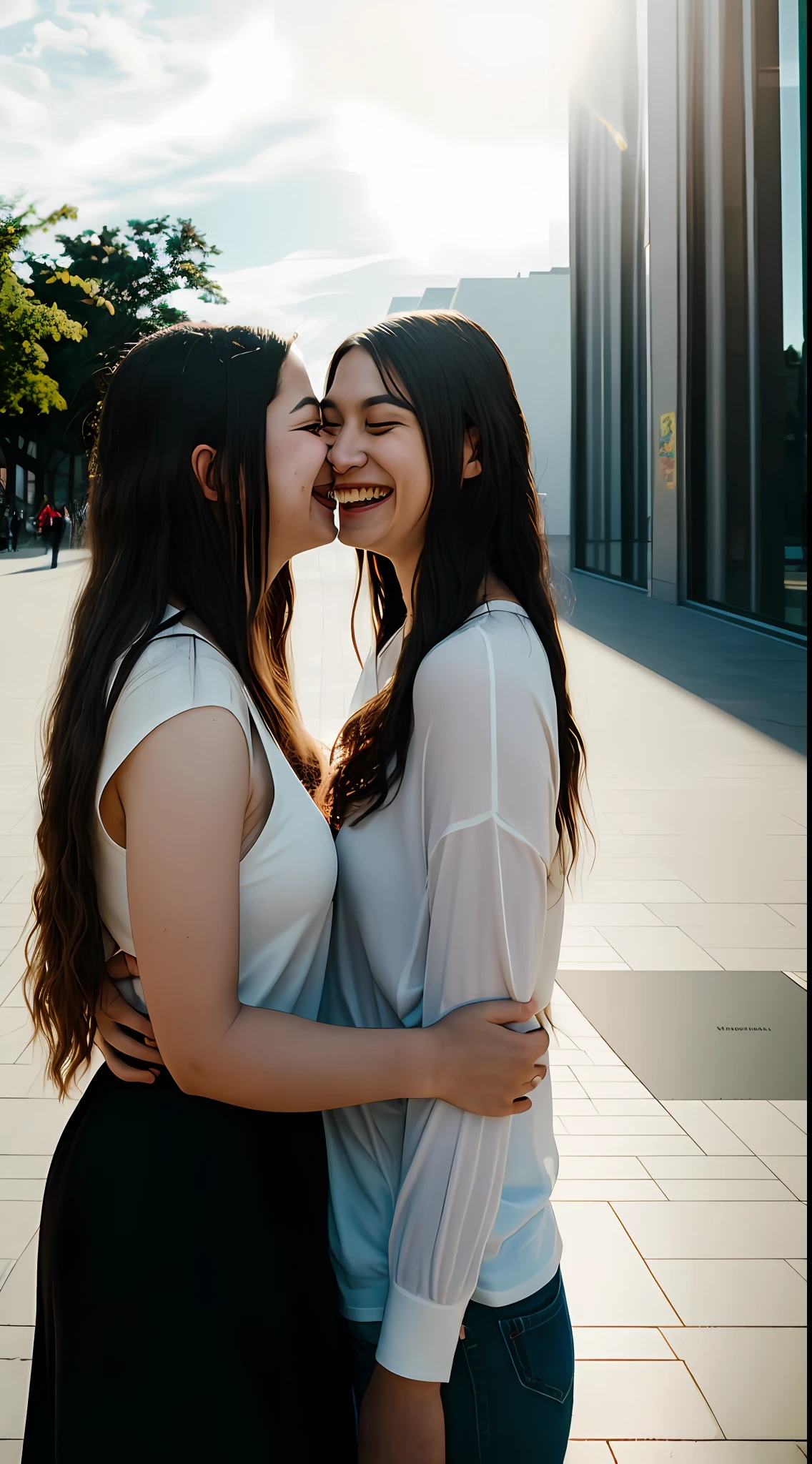 Photo in Raw, Photo essay, two women, brown hair, one woman with wavy hair and the other woman with straight hair, Brazilian women, women from South America, light eyes, museum, in front of the museum, near works of art, couple of two women, lesbian couple, Lesbian couple photo essay, late afternoon, delicate, passionate looks, cheerful, laughing with happiness, spontaneous, happy with each other, passionate, comfortable clothes, diffused light, whole body, high quality, Sony A7III, 8k, 16mm 2.4 lens, soft black mist filter