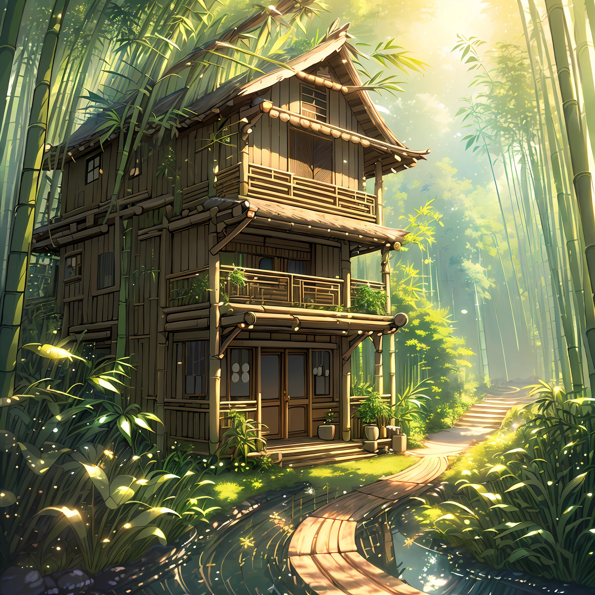 (extremely detailed CG unity 8k wallpaper, masterpiece, best quality, ultra-detailed), (calming and relaxing atmosphere), (nature sounds), ((lofi-girl),(impressing cute headphone)), bamboo forest, happy expression, blissful, peaceful, serene ambiance, wideshot, cute bamboo house