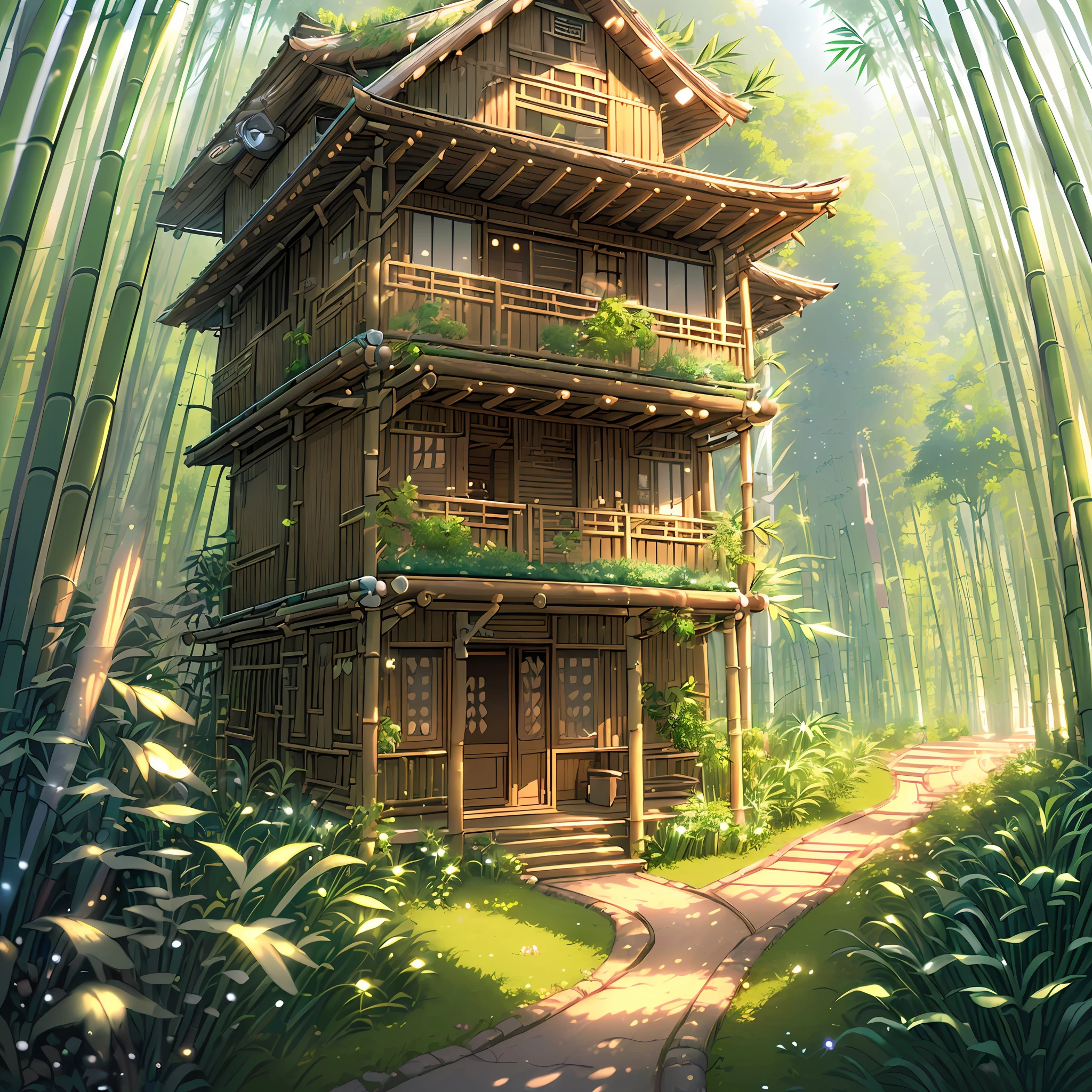 (extremely detailed CG unity 8k wallpaper, masterpiece, best quality, ultra-detailed), (calming and relaxing atmosphere), (nature sounds), ((lofi-girl),(impressing cute headphone)), bamboo forest, happy expression, blissful, peaceful, serene ambiance, wideshot, cute bamboo house