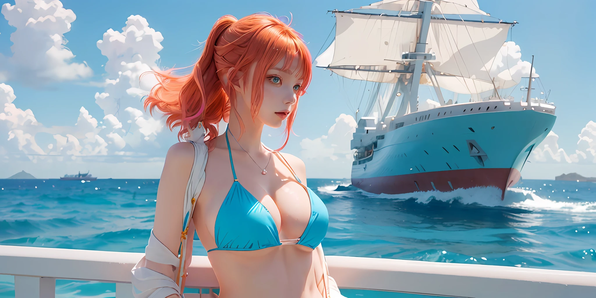 anime girl in a bikini standing in front of a ship, nami from one piece, nami one piece, beautiful portrait of nami, nami, leeloo, cyarine, inspired by Vincent Lefevre, from one piece, deviantart artstation cgscosiety, photorealistic anime girl render, realistic bikini, alena aenami and artgerm