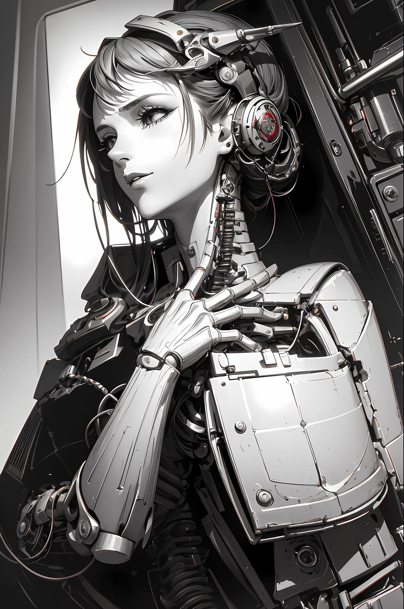(((masterpiece))), ((best quality)), ((ultra-detailed)), (CG illustration), (an extremely devious and beautiful)), (cute desktop face), cinematic light, ((1 mechanical girl)), single, full, (machine-made joints). : 1.4), ((mechanical limb)), (blood vessel attached to tube), ((mechanical spine attached to back)), ((mechanical cervical vertebrae attached to neck), ((mechanical background)), expressionless, (wires and cables attached to head and body: 1.5), (character focus), science fiction