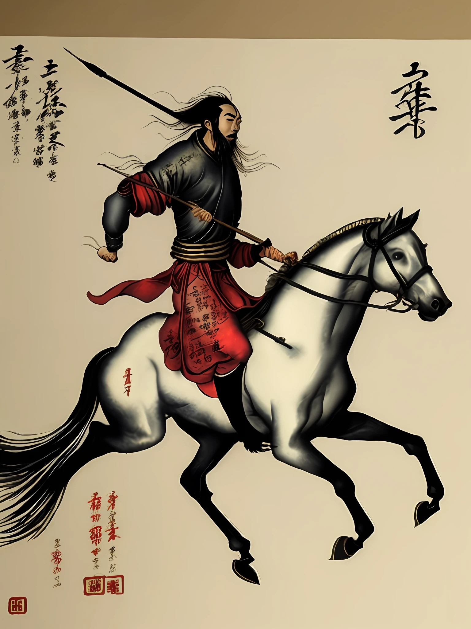 (Masterpiece, best quality: 1.2), traditional Chinese ink painting, man on a running horse with a arrow in his hand