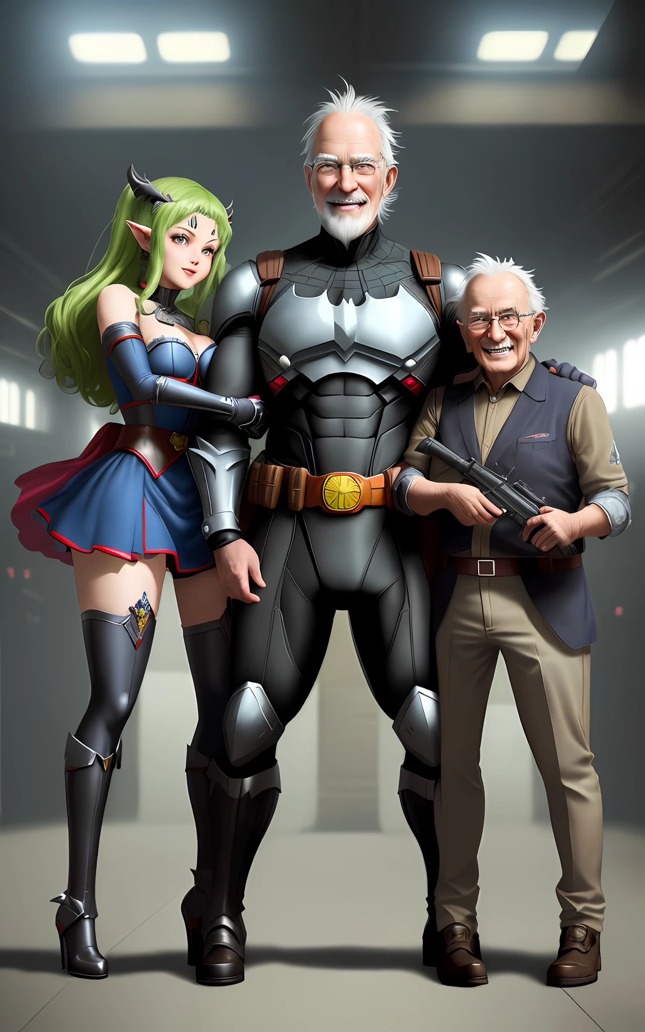(full body photo: 1.5), several men and Princess Zelda with hybrid costume: maid+Spiderman+Batman+Superman, inside a crowded spaceship, (an Old Man+Demon is beside her), ((the other passengers are squeezing her in the corner of the nave)), she has (short green hair: 0.5) with wind movement, (black eyes: 1.0), big breasts, is looking at the old man, smiling, (the Old Man is holding a futuristic machine gun). Anime style (max+resolution+quality+detail:1.5), (masterpiece:1.2)