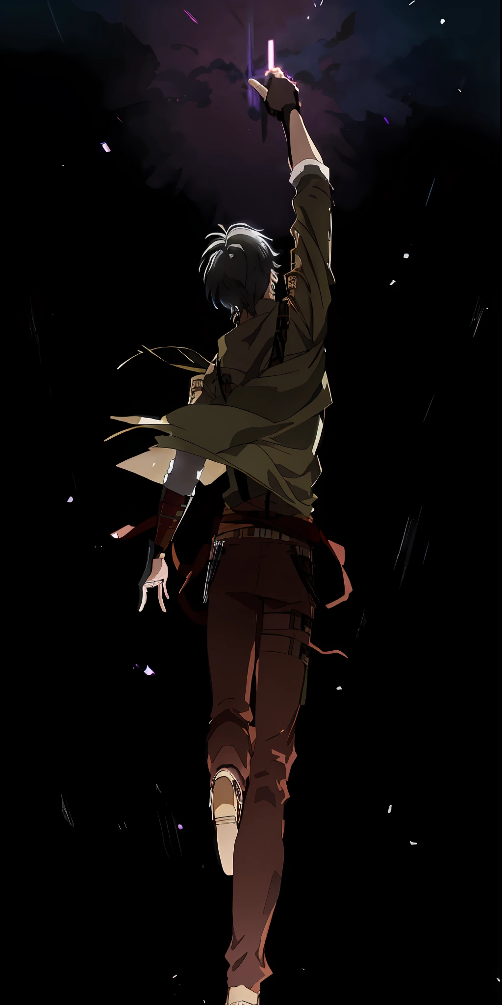 anime character with arms raised in the air with a purple light, badass anime 8 k, trigger anime artstyle, eren yeager, from attack on titan, 4 k manga wallpaper, carrying swords on his back, anime wallaper, best anime 4k konachan wallpaper, by Shingei, epic anime style, levi ackerman, eren jaeger