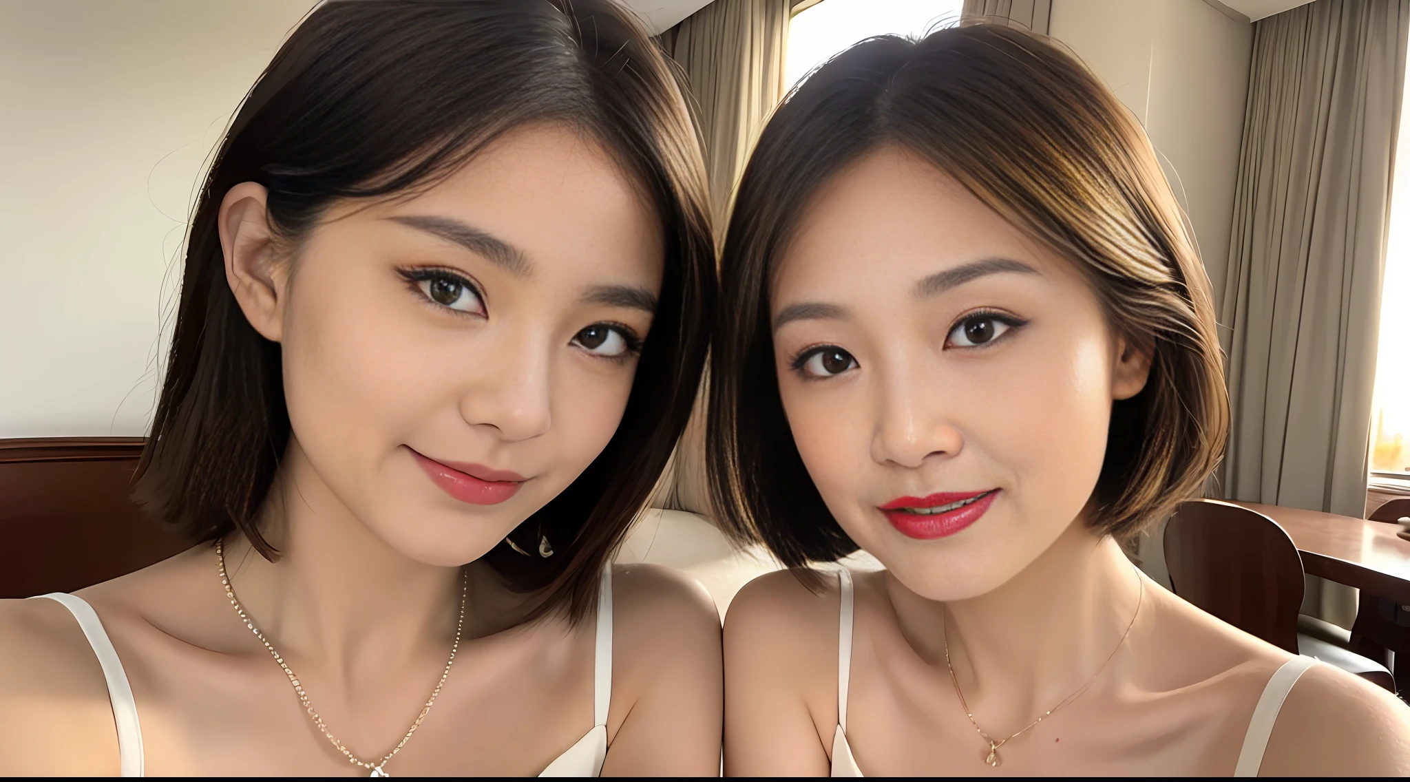 1 girl, masterpiece, top lighting, highlight light, sunlight, smile, brown delicate and delicate short hair, cruise ship, dark dress, medium breasts, double eyelids, delicate and delicate facial features, clear eyes, whitened skin, necklace,