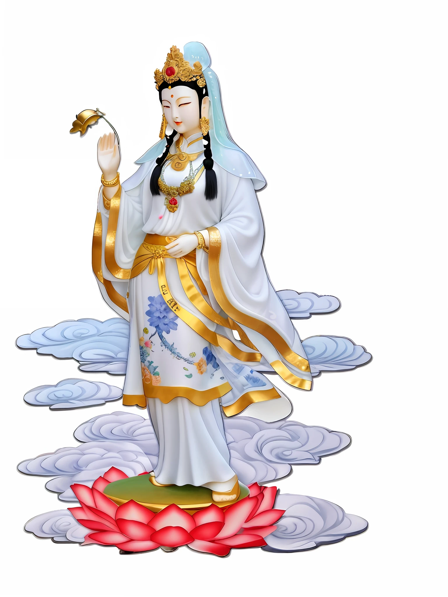 Walking statue of Guanyin Bodhisattva, lotus lotus terrace, heavenly palace, colorful auspicious clouds, rice ears, treasure vases, Buddha light shining, golden light