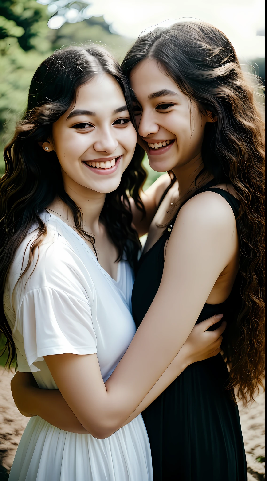 Photo in Raw, Photo essay, two women, brown hair, a woman with wavy hair and the other woman with straight hair, Brazilian women, women from South America, light eyes, park, nature, clear sky, couple of two women, lesbian couple, Lesbian couple photo essay, late afternoon, delicate, passionate looks, joyful, laughing with happiness, spontaneous, happy with each other, passionate, comfortable clothes, diffused light, whole body, high quality, Sony A7III, 8k, 16mm 2.4 lens, soft black mist filter