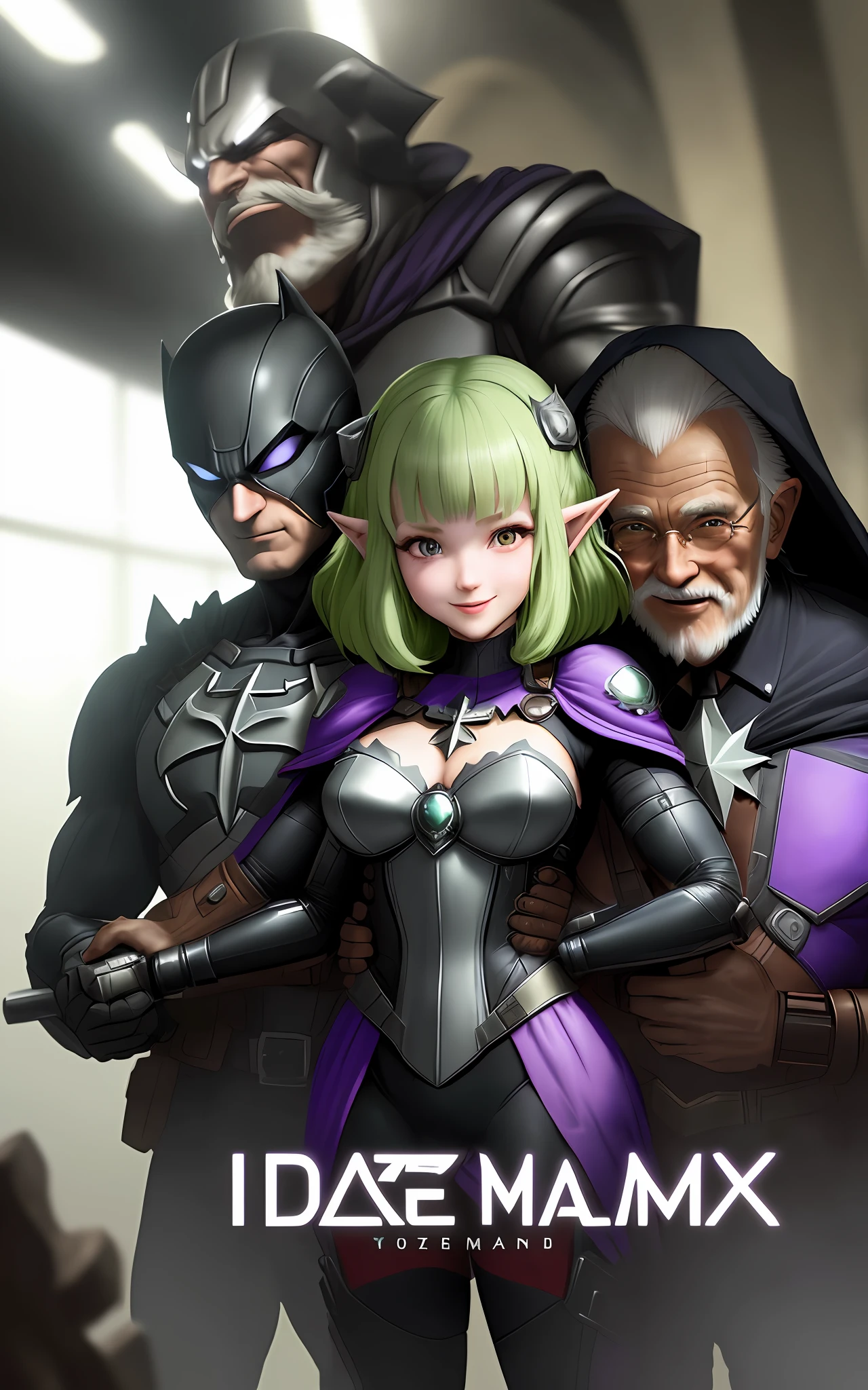 (full body photo: 1.5), several men and Princess Zelda in hybrid costume: maid+Spiderman+Batman+Superman, inside a crowded spaceship and (Old Man+Demon is beside her), ((the men are squeezing her in the corner of the nave)), she has (very short green hair with wind movement), (purple eyes: 1.0), big breasts, is looking at the old man, smiling and the Old Man is holding a futuristic machine gun. Anime style (max+resolution+quality+detail:1.5), (masterpiece:1.2)