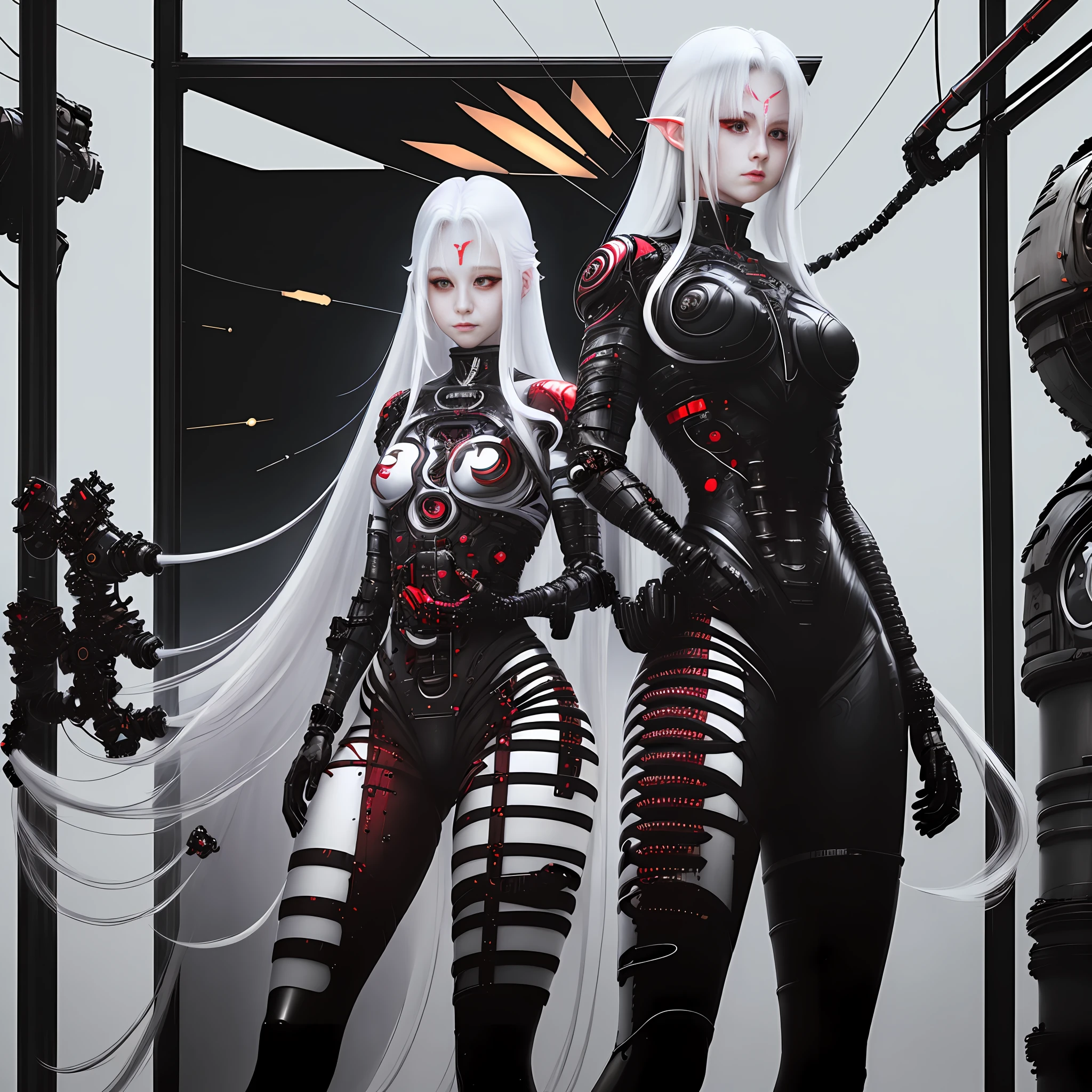 Female, on a city street full of sci-fi elements, has mechanical prosthetics, long white hair, red eyes, a pitiful expression, covers her crotch with her hands, and her chest is mechanically broken, revealing the chest under the mecha.