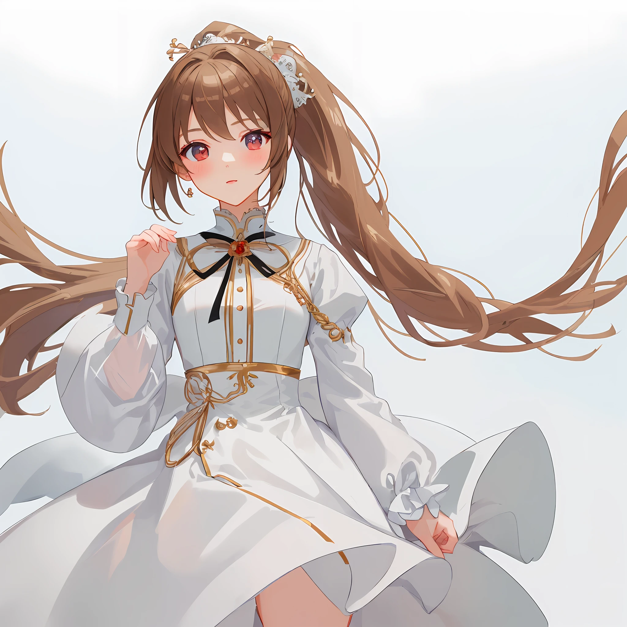(masterpiece:1.2, best quality), (finely detailed beautiful eyes: 1.2) a anime girl with a brown ponytail, in white chearleeder clothes with red accents, chearleeder