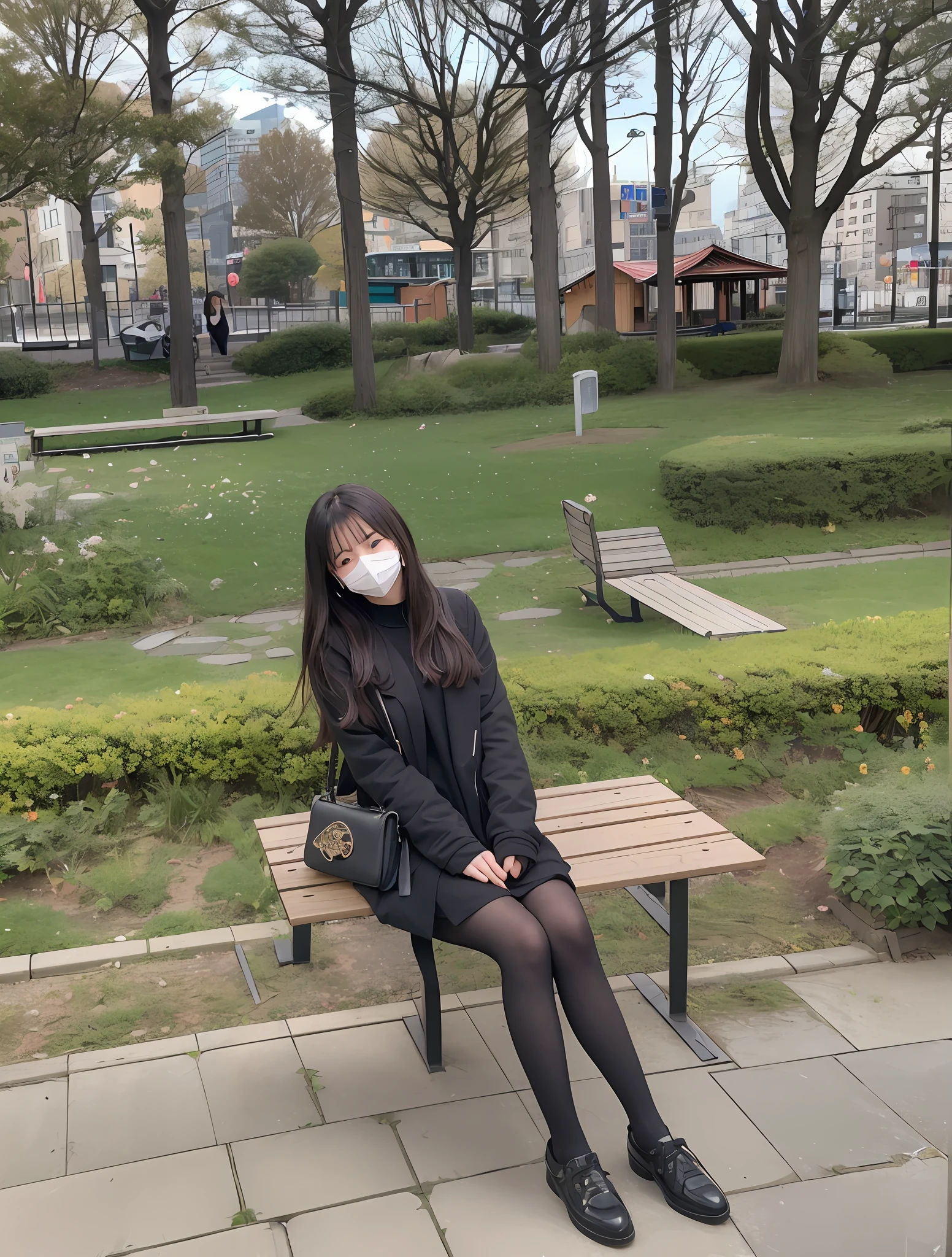 there is a woman sitting on a bench wearing a mask, sitting on a park bench, in a park, at a park, sitting on bench, with a park in the background, sitting on a bench, 8k)), in a city park, jinyoung shin, lady in black coat and pantyhose, ulzzang, bae suzy, sitting in tokyo