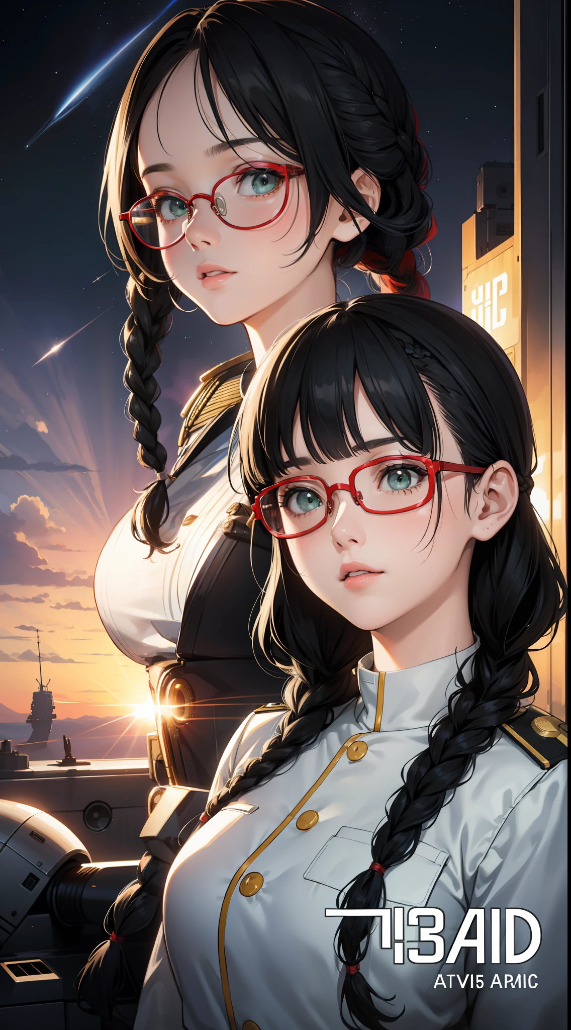 Movie Poster,((Braid Hairstyle : 1.5)),Anime Reference 86 ,Science Fiction,Sci-Fi,Movies,War Action Movies,Space,Atmosphere,Sky,Battleship,Multiple Characters,Women,Adults,Green Eyes,Black Hair,(Pia bangs hairstyle) : 1.8 ),(Red Glasses),General Uniform,White Commander Uniform,Realistic Face Details,Realism,3D Face,