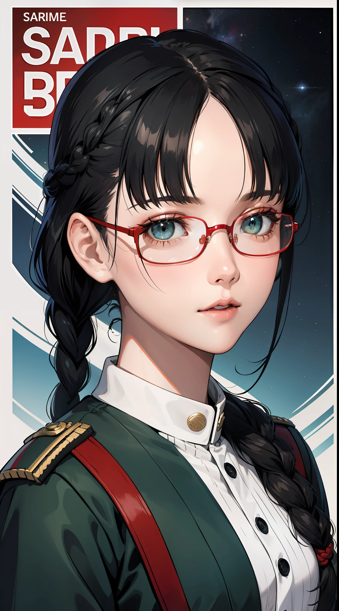 Movie Poster,((Braid Hairstyle : 1.5)),Anime Reference 86 ,Science Fiction,Sci-Fi,Movies,War Action Movies,Space,Atmosphere,Sky,Battleship,Multiple Characters,Women,Adults,Green Eyes,Black Hair,(Pia bangs hairstyle) : 1.8 ),(Red Glasses),General Uniform,White Commander Uniform,Realistic Face Details,Realism,3D Face,