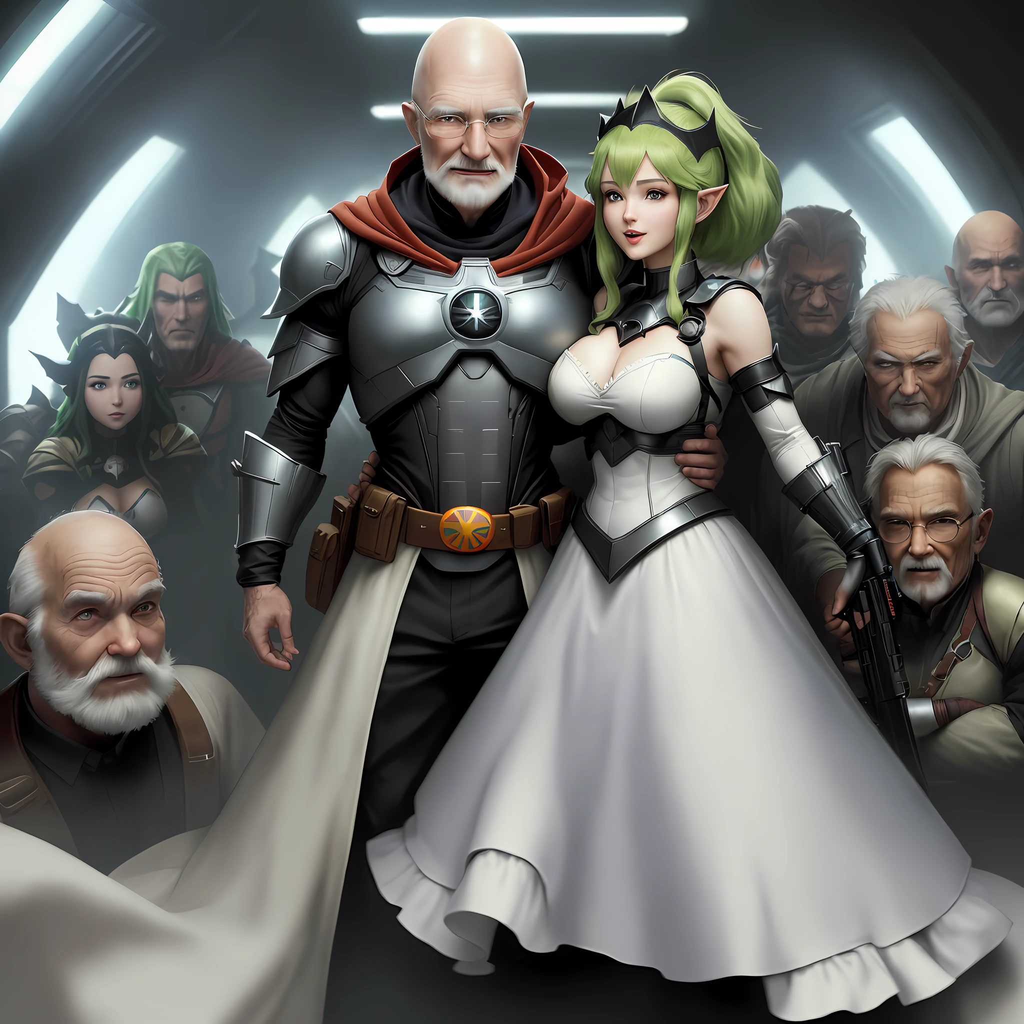 (full body photo: 1.5), several men and Princess Zelda in hybrid costume: maid+Spiderman+Batman+Superman, inside a crowded spaceship and (the Old Man+Demon is holding her tight), and (( the others are squeezing her in the corner of the nave)), she has (very short green hair blowing in the wind), (black eyes: 1.0), big breasts, is looking at the old man, smiling and the (Old man is holding a machine gun futuristic). Anime style (max resolution and quality and detail:1.5), (masterpiece:1.2)