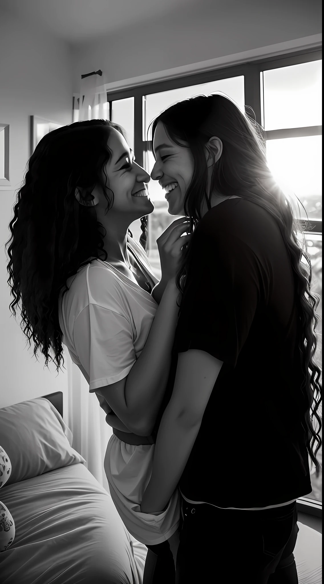 Photo in Raw, Photo essay, two women, brown hair, a woman with wavy hair and the other woman with straight hair, Brazilian women, women from South America, light eyes, park, nature, clear sky, couple of two women, lesbian couple, Lesbian couple photo essay, late afternoon, delicate, passionate looks, joyful, laughing with happiness, love in the air, sunset, spontaneous, happy, passionate, comfortable clothes, diffused light, whole body, open plan, black and white, high quality, Sony A7III, 8k, 16 mm 2.4 lens, soft black mist filter