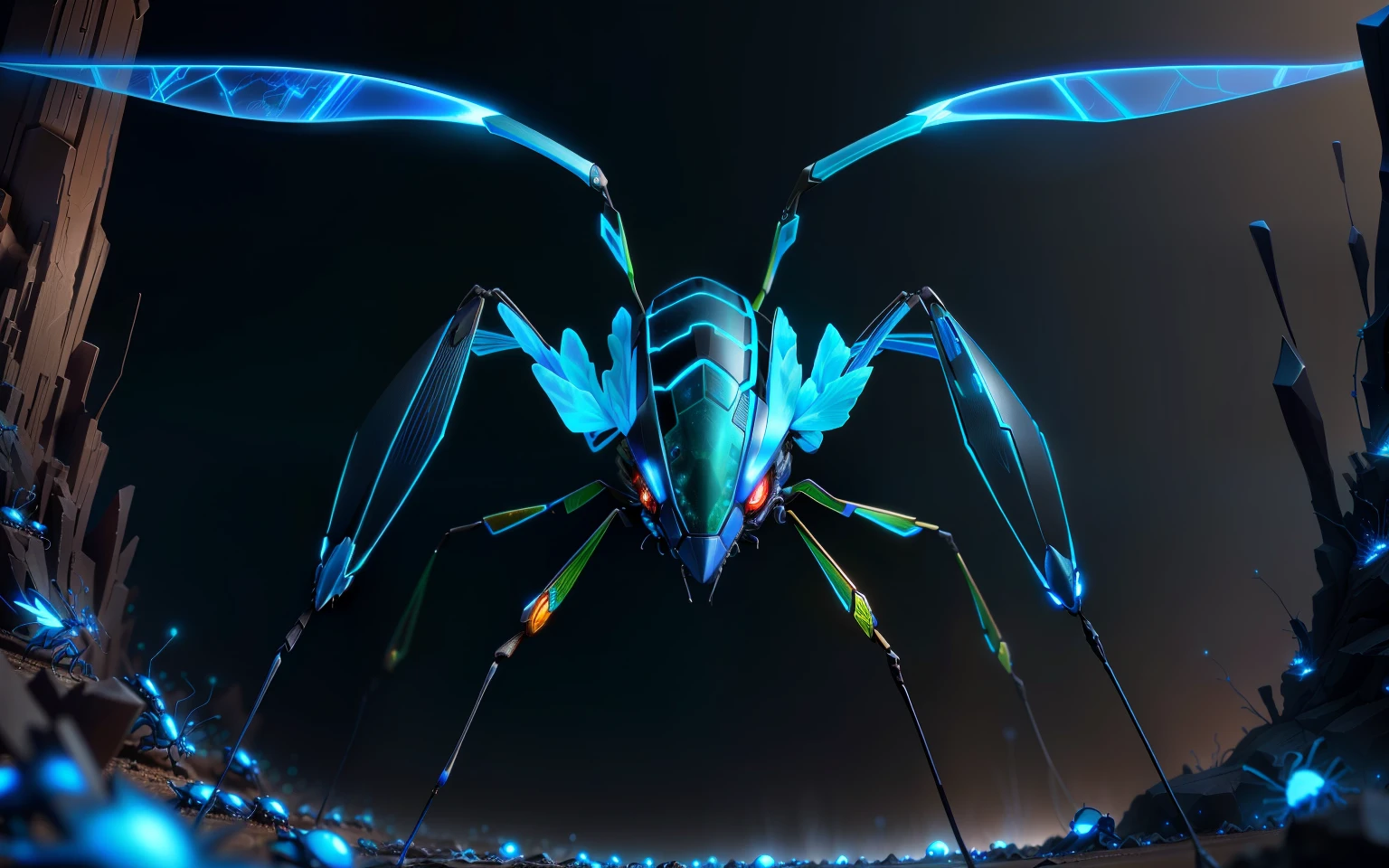 blue lightning mantis insect stylized anthill, with multiple flash visual effects, glow, fantasy, 3D, Hd, HdR, high end 4k v--4.-