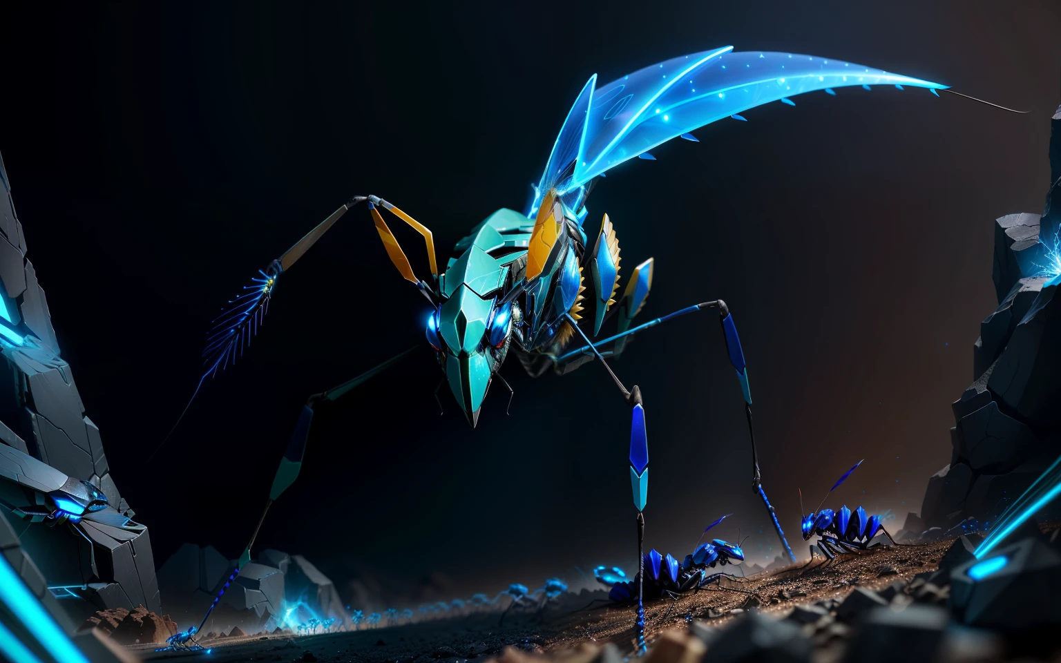 blue lightning mantis insect stylized anthill, with multiple flash visual effects, glow, fantasy, 3D, Hd, HdR, high end 4k v--4.-