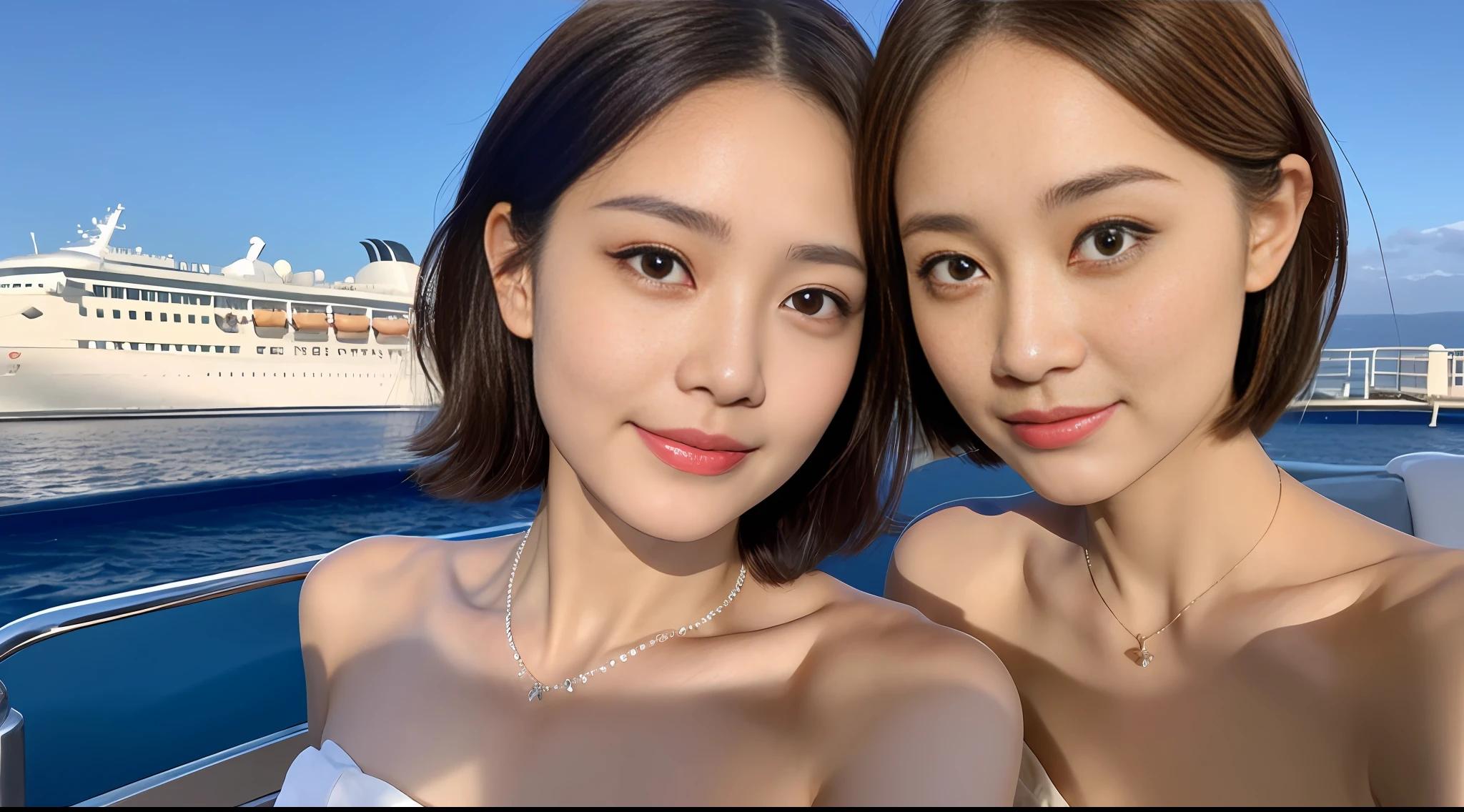1 girl, masterpiece, top lighting, highlight light, sunlight, smile, brown delicate and delicate short hair, cruise ship, dark dress, medium breasts, double eyelids, delicate and delicate facial features, clear eyes, whitened skin, necklace,