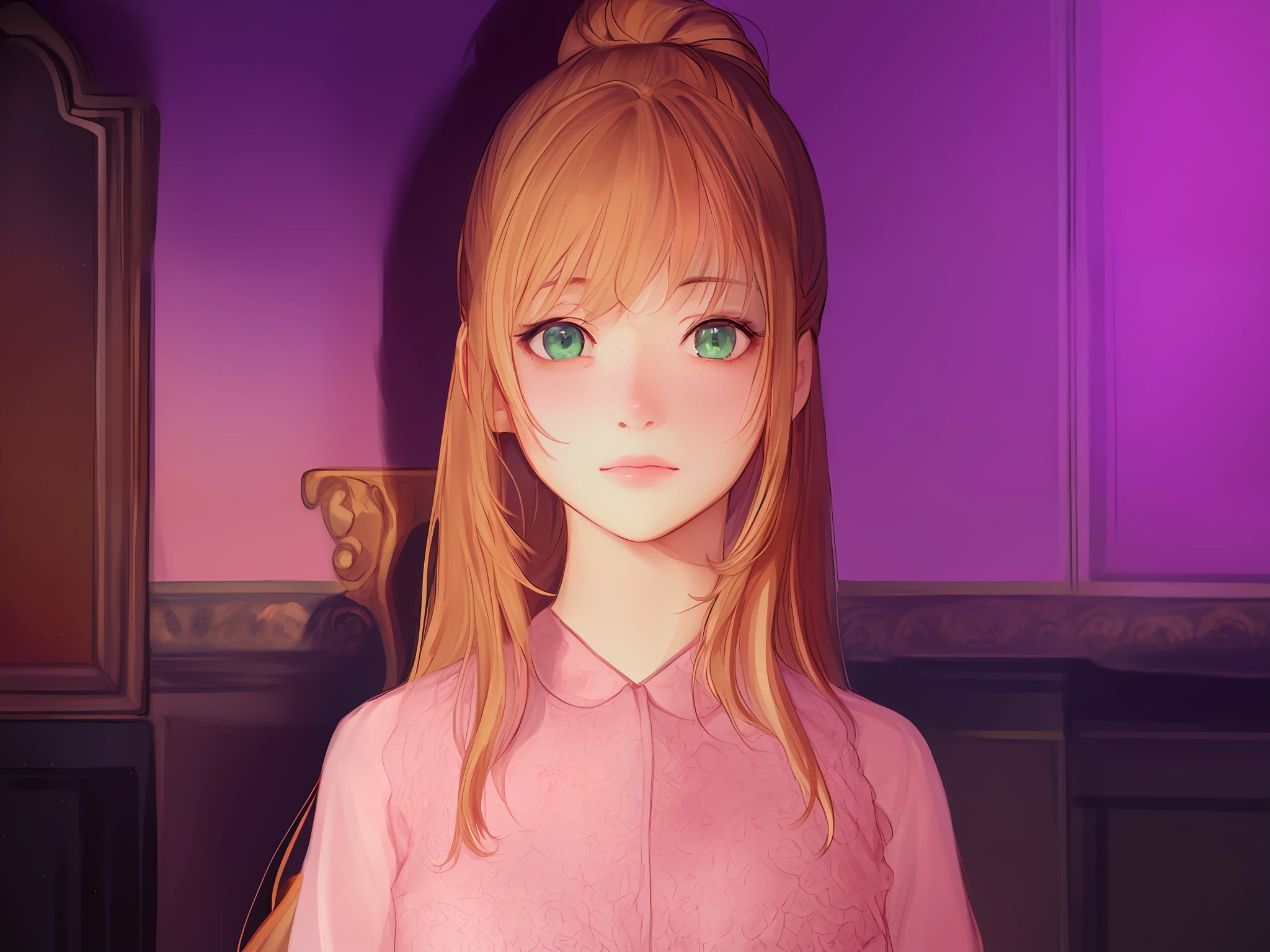 (extremely realistic portrait,masterpiece, best quality, ultra-detailed),(best illumination, best shadow, an extremely delicate and beautiful),

[(1girl),red hair,square chin,freckles,long hair,emerald green eyes,pink blouse,dynamic angle,soft and silky texture,onе of the best quality portrait ever existed,high resolution]:0.9