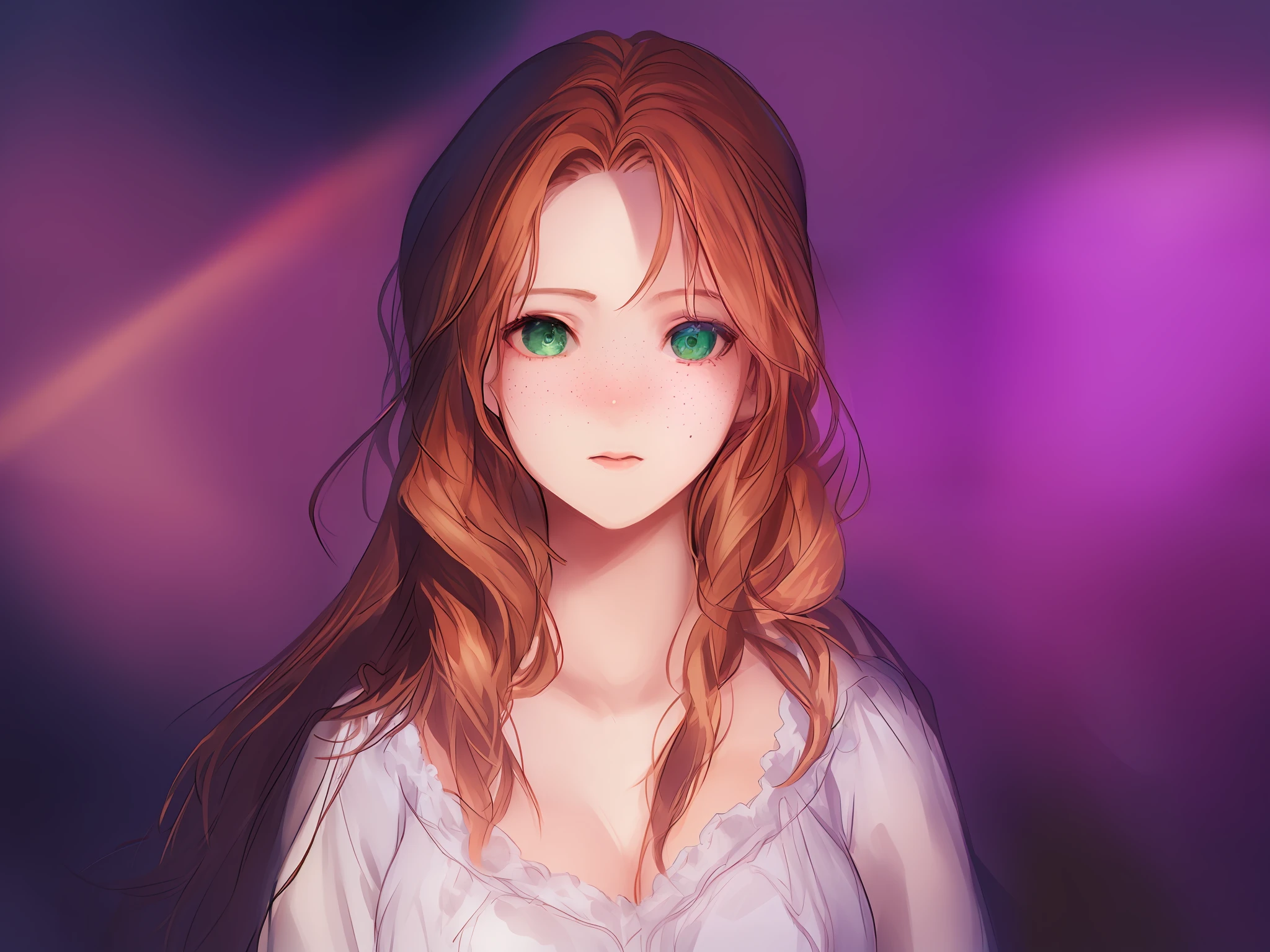 (extremely realistic portrait,masterpiece, best quality, ultra-detailed),(best illumination, best shadow, an extremely delicate and beautiful),

[(1girl),red hair,square chin,freckles,long hair,emerald green eyes,pink blouse,dynamic angle,soft and silky texture,onе of the best quality portrait ever existed,high resolution]:0.9