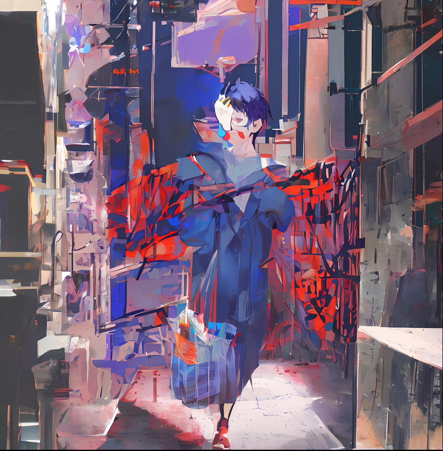 Purple movie boy with short hair, wearing a dark blue jacket and a red benda covering his eyes anime style Boku no hero