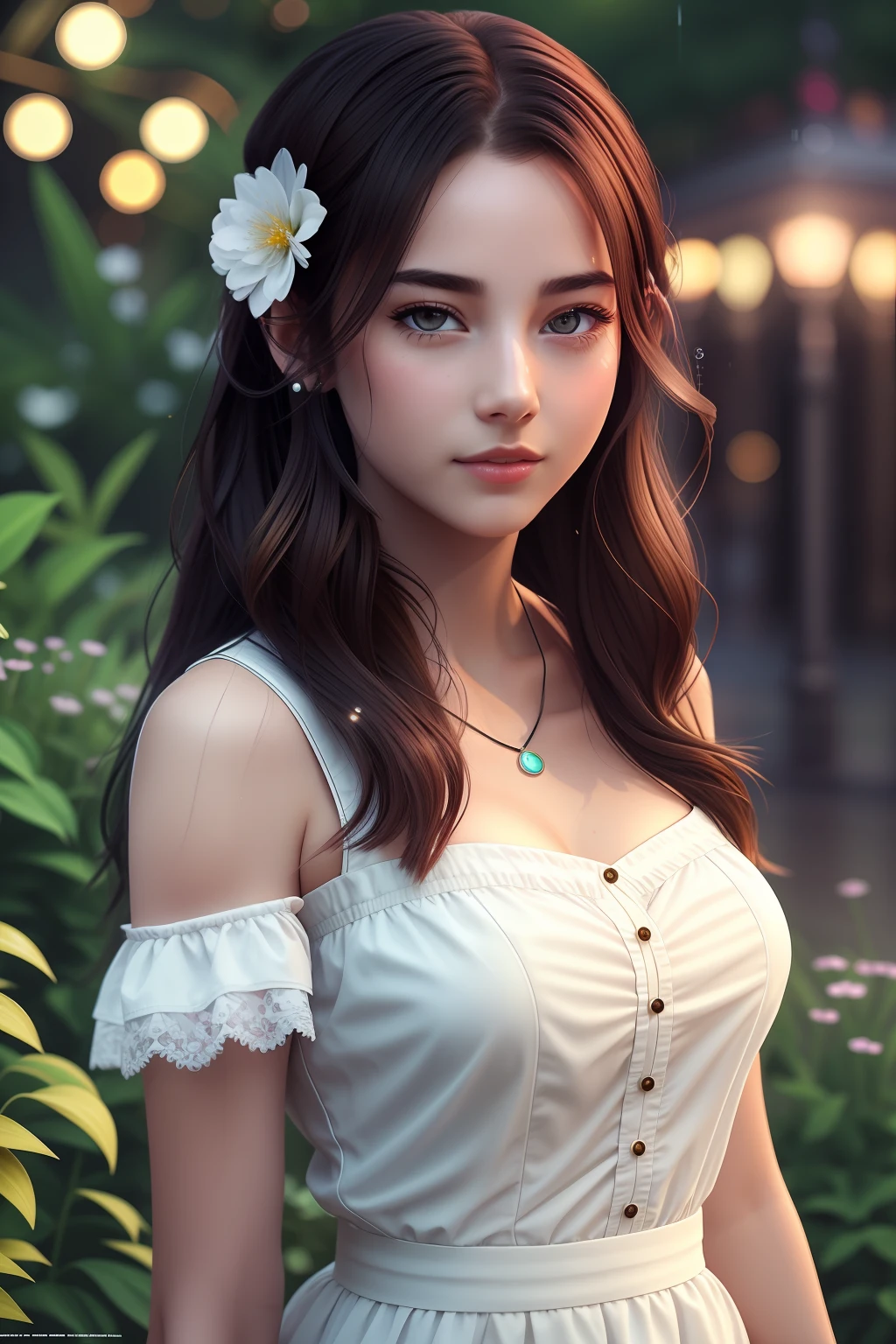Casual pose, extremely delicate and beautiful, masterpiece, 1 girl, girl in white shirt, high detail, Leaky waist, twisted ponytail, charming expression, clear and beautiful eyes, delicate necklace, delicate ears decorations, fairy ears, simple blur background, extremely details description, exquisite face, exquisite figure, exquisite collarbone, cute lips, beautiful breasts, soft back, mix4, (8k, raw photo, Best quality, masterpiece:1.2), (fidelity, fidelity:1.37), city space, night, rain, wet looks, professional lighting photo, photon mapping, radiosity, physically-base rendering