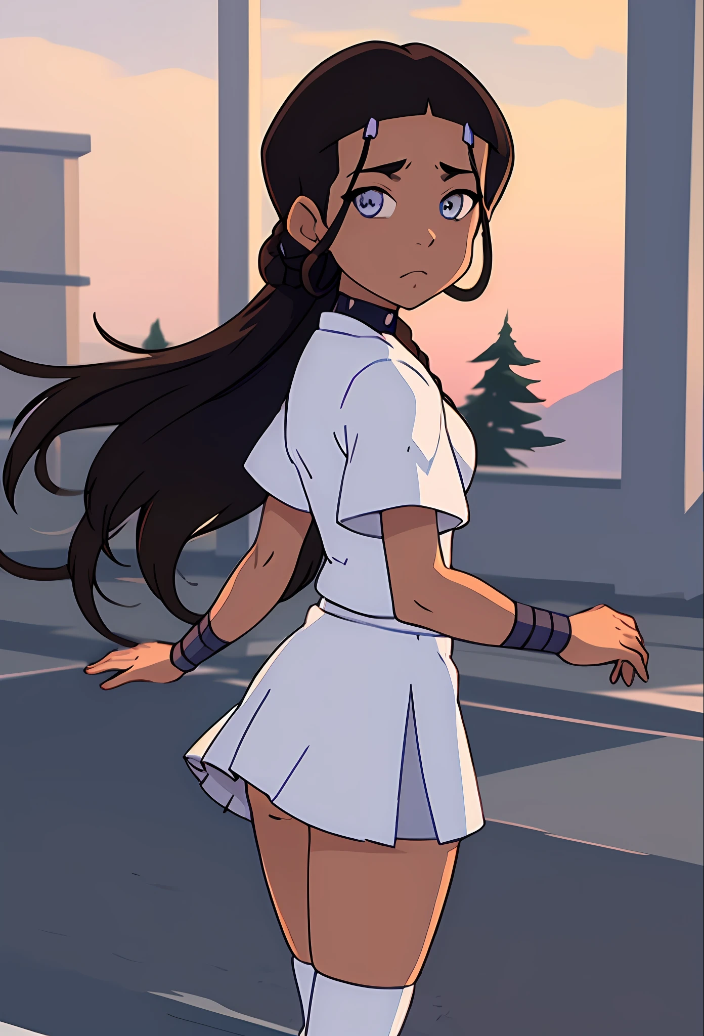 masterpiece, best quality, 1girl, katara, toned, dark skin, braid, jewelry, looking back at viewer, white tennis skirt, thigh high socks, white heels, sunshine (blue eyes:0.6)