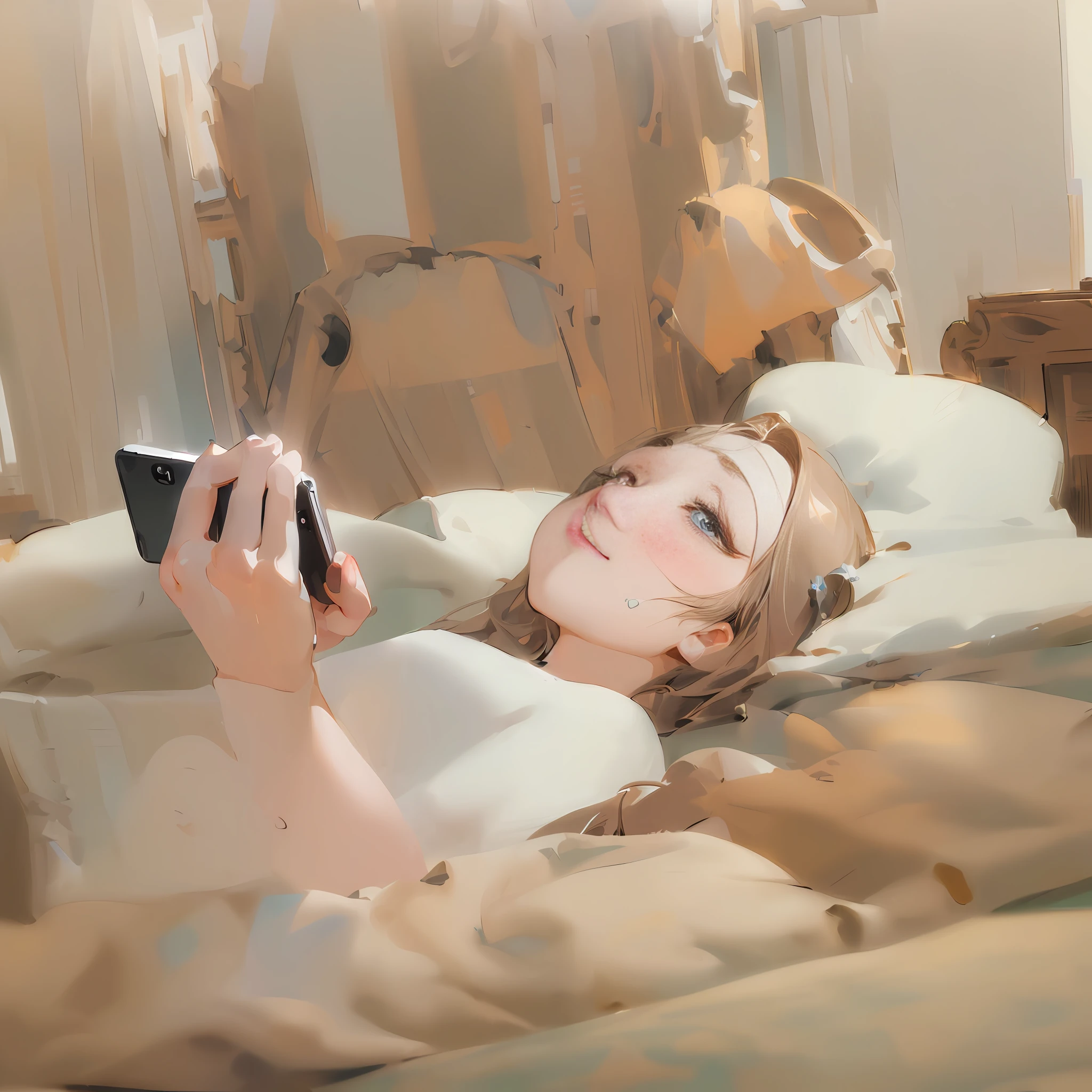 ((((Masterpiece))), best quality, super detailed, extremely detailed CG unity wallpaper, ((holding a mobile phone)), (1 girl), covered with pillow, beautiful face, detailed details, precise performance,