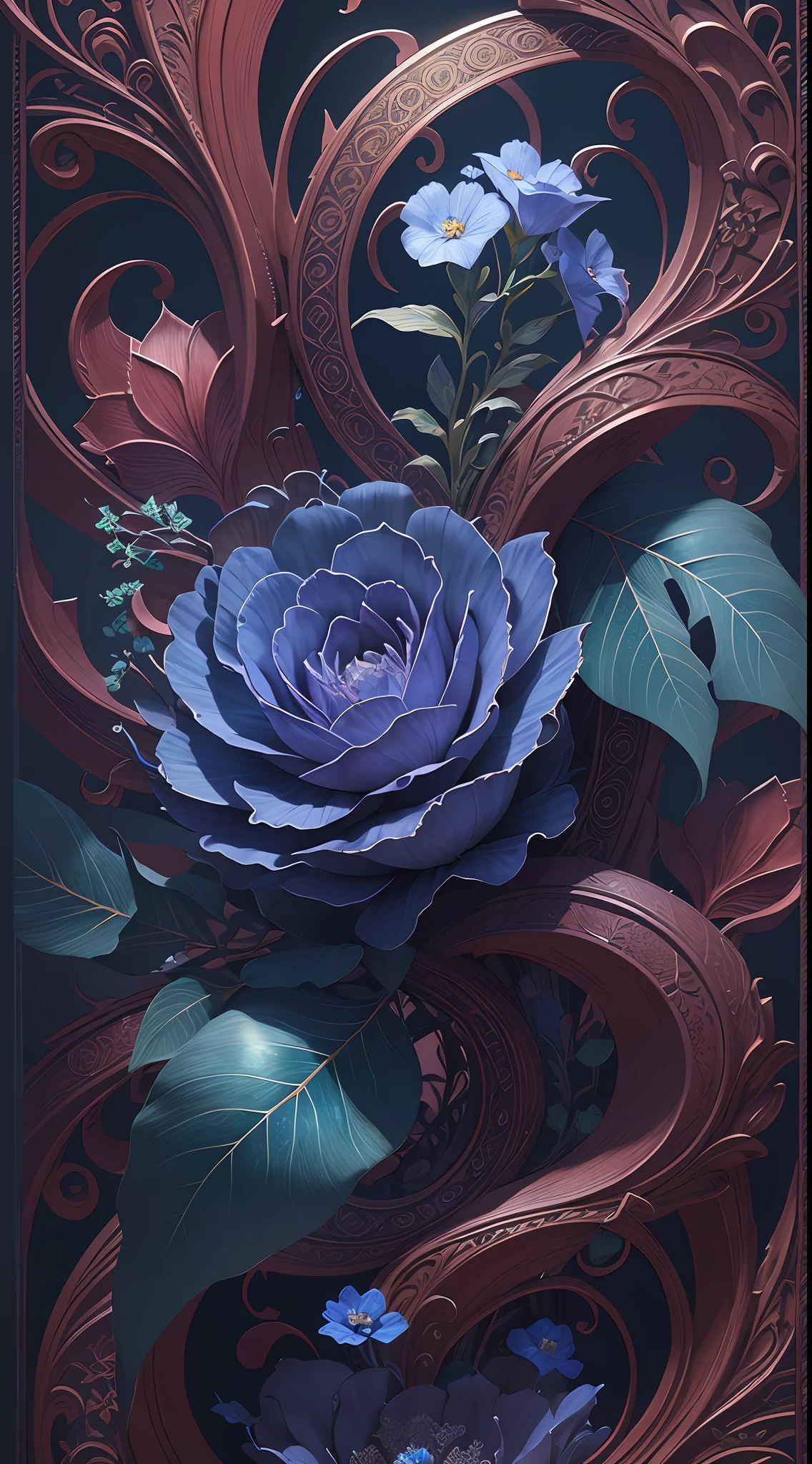 filigree design, Fibonacci, 3D floral design, indigo blue, green leaves, maroon flowers, insane, intricate, highly detailed, cinematic atmospheric, digital painting, artstation, concept art,