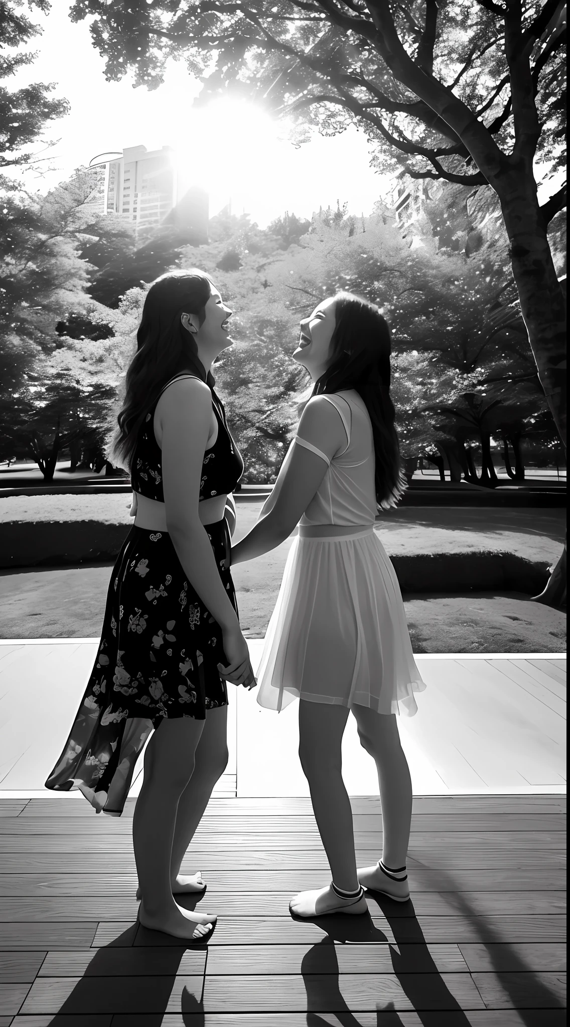 Photo in Raw, Photo essay, two women, brown hair, one woman with wavy hair and the other woman with straight hair, Brazilian women, women from South America, light eyes, park, nature, full of trees, flowers, games, playing with each other, open, clear sky, couple of two women, lesbian couple, Lesbian couple photo essay,  late afternoon, delicate, passionate looks, cheerful, laughing with happiness, love in the air, light smile, spontaneous, happy, passionate, comfortable clothes, diffused light, whole body, open plan, black and white, high quality, Sony A7III, 8k, lens 16 mm 2.4, soft black mist filter