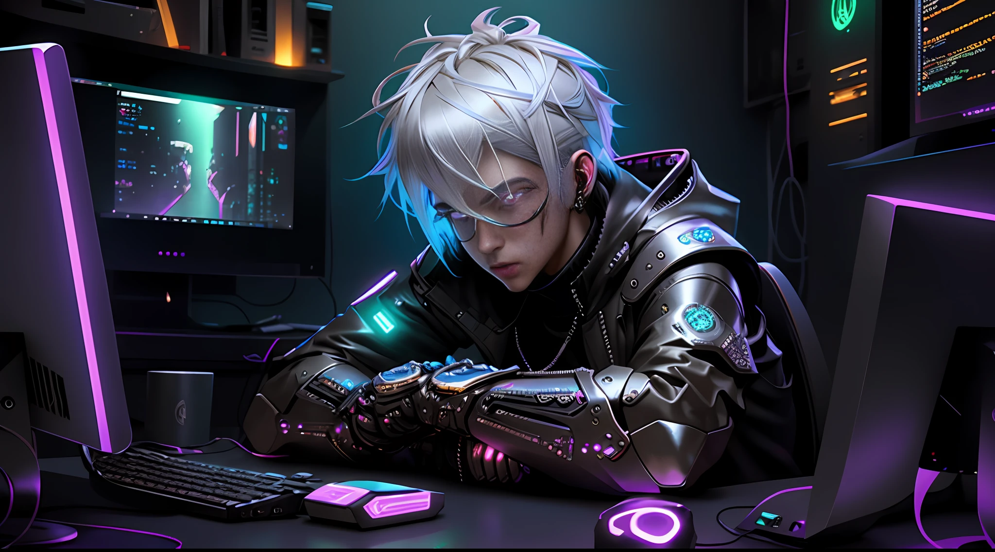 1 Cyberpunk Boy, Silver Hair ((Super Realistic Detail)), Global Illumination, Shadows, Octane Rendering, 8K, Super Sharp, Metallic, Complex, Decorative Detail, Cool Colors, Egyptian Detail, Highly Complex Detail, Realistic Light, CGsociety Trend, Glow Eyes, Facing Camera, Neon Detail, in a home full of computer equipment, sitting in a chair