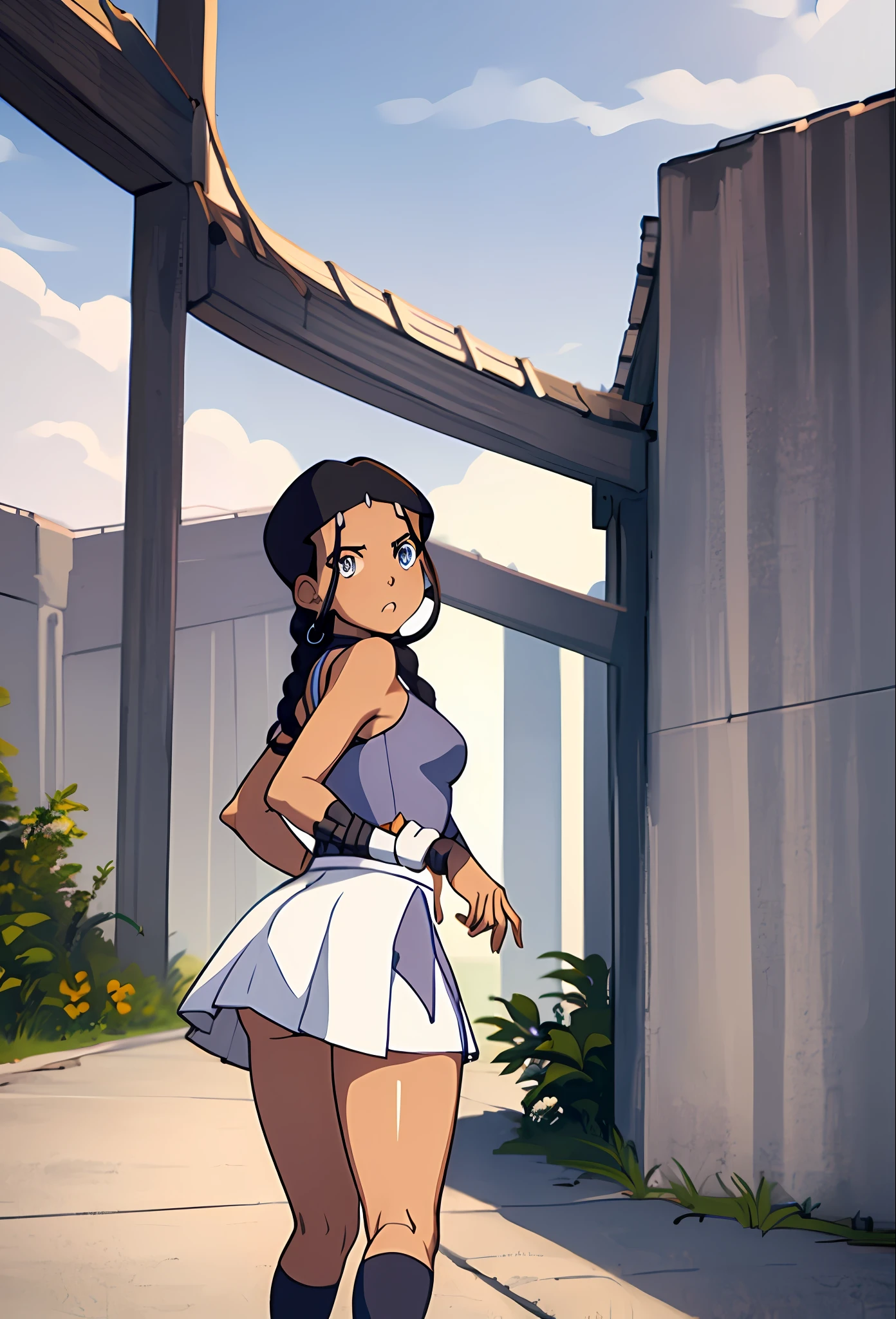 masterpiece, best quality, 1girl, katara, toned, dark skin, braid, jewelry, looking back at viewer, white tennis skirt, thigh high socks, white heels, sunshine (blue eyes:0.6)