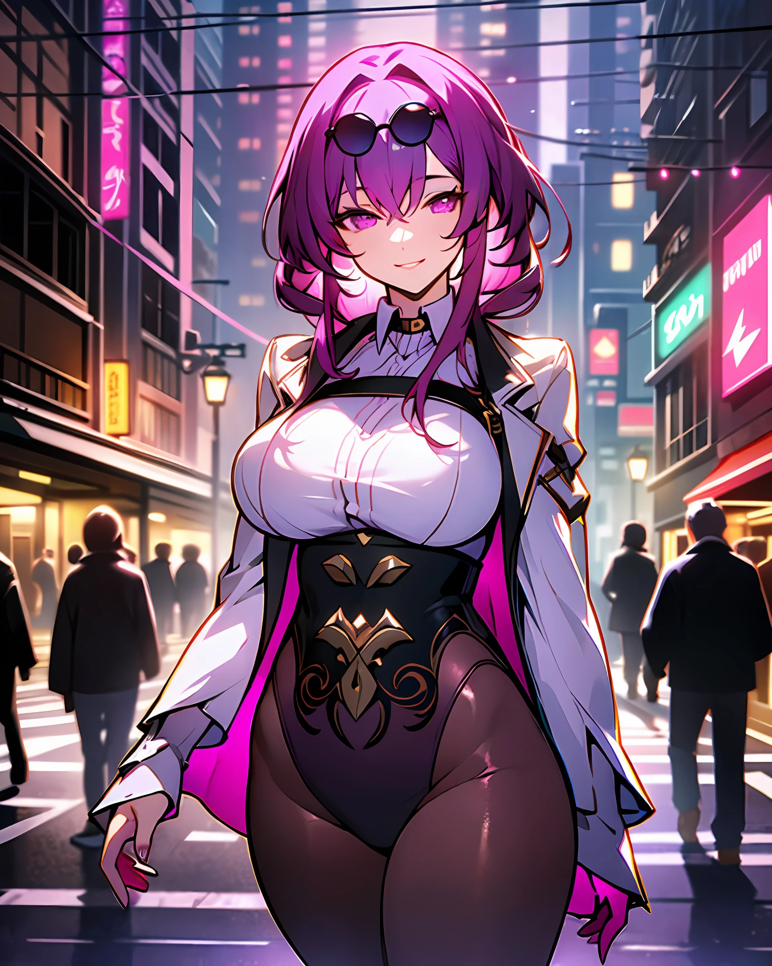 (masterpiece)), ((high details)), ((high detail face)), (intricate detail), depth of field, backlighting, award winning, (high quality), (best quality), 8k, star-kafka, smile, purple hair, pink eyes, sunglasses, hair between eyes, eyewear on head, (big breasts), ((thick bottom)), outside, street, Tokyo, night, afternoon, dark, standing, looking at the viewer, neon lights, building lights
