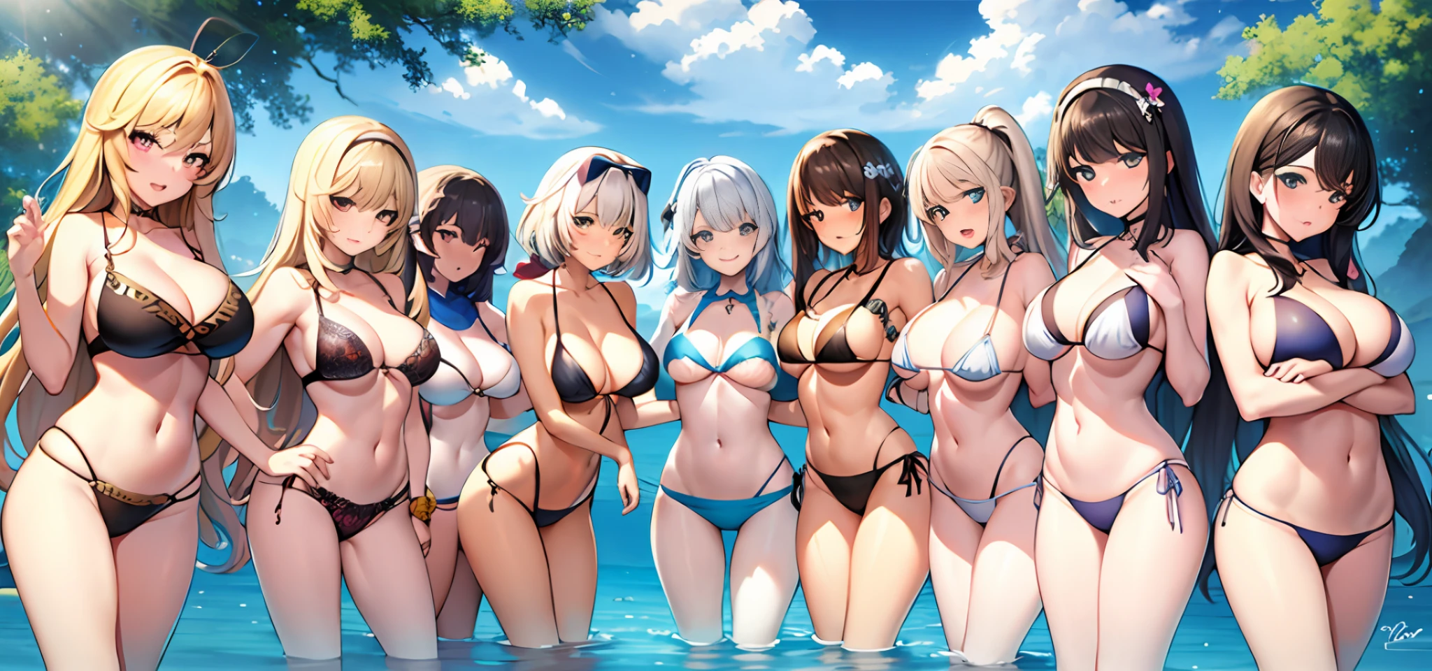 {{{masterpiece}}}, {{{{{official art}}}}}, ((best quality)), many womans, group shot, bikini, colorful,