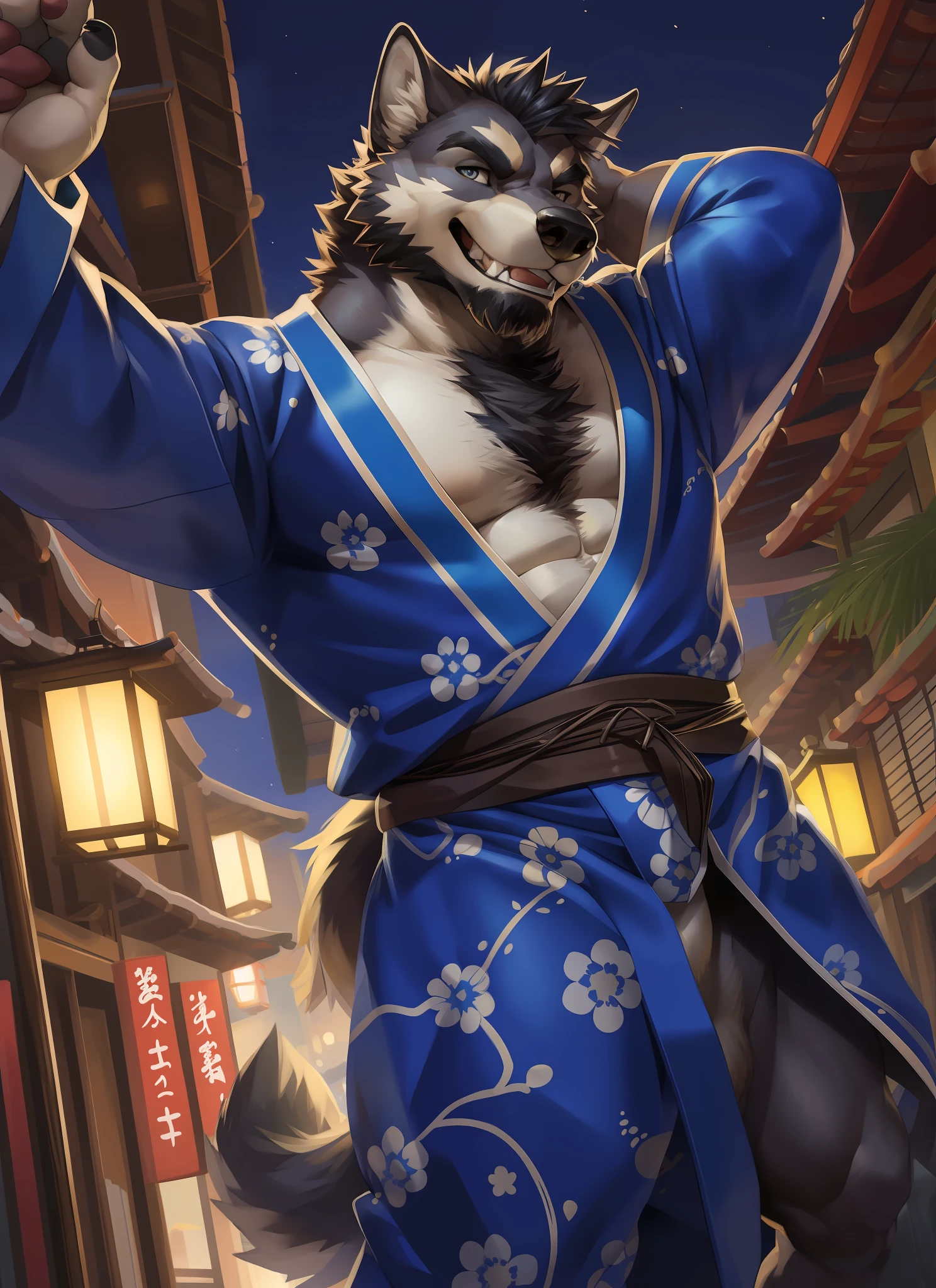 Masterpiece, best quality, detailed face,first person perspective, (dynamic angle and pose), stretch one arm to invite viewer,(outstretch one hand to invite viewer),(invite pose):1.5,palm up, looking at viewer, solo,male, kimono, anthro (wolf), (wolf),black beard, middle-aged, gray body, white belly, muscular, kimono, (dark-blue|patterned yukata),majestic, confident, strong, happy ,smile, fang out, japanese night street, lively atmosphere, evening, lanterns, festive atmosphere, outdoors,( depth of field), beautiful and aesthetic, delicate eyes, delicate canine teeth, correct anatomy, correct hands, HD, Dimm, Dark, Shadow, Light to Dark, Cinematic, Dramatic Light, Wide Dynamic Range, HDR, Low Light: 1.2, by Pino Daeni, (Ruaidri), by virtyalfobo