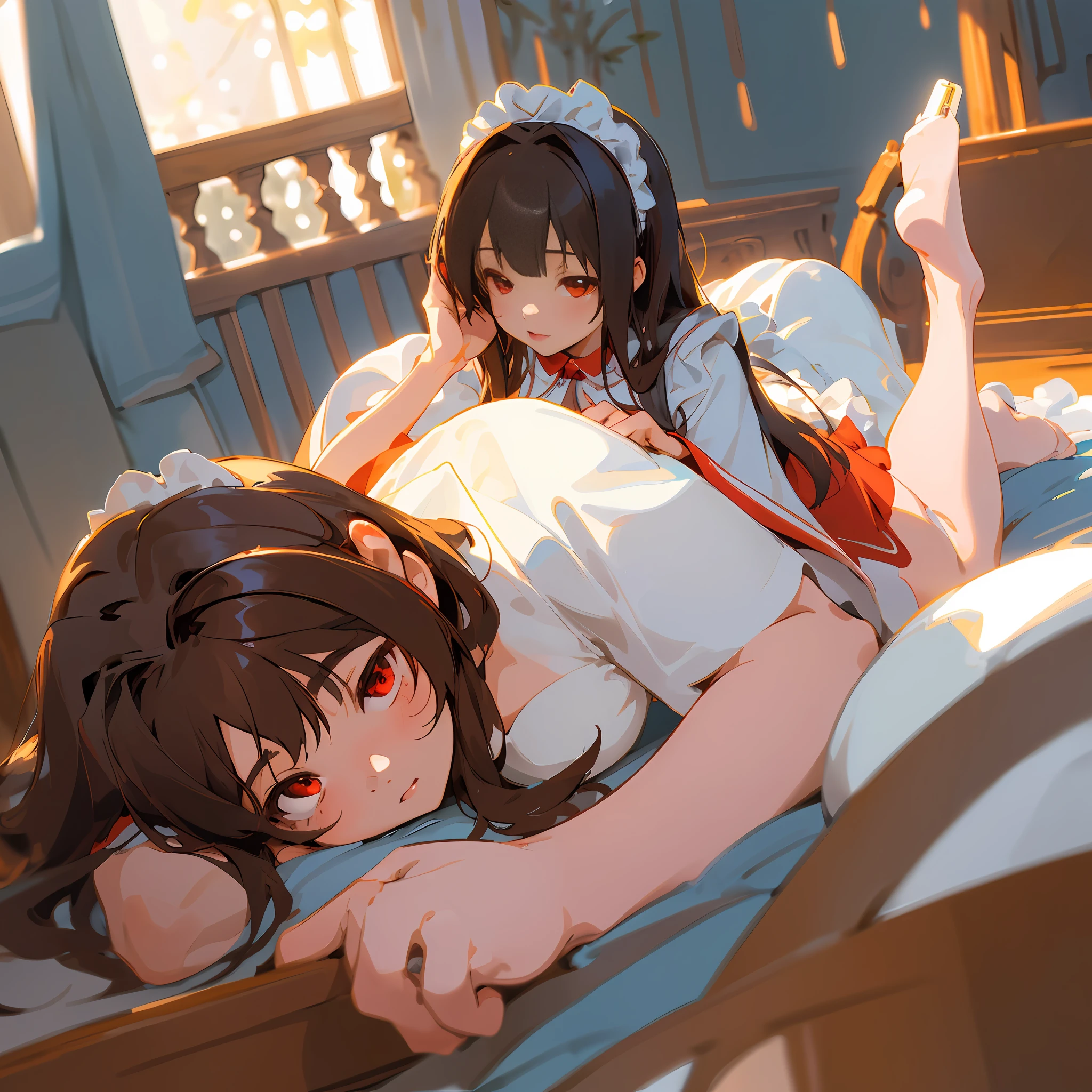 1 girl, masterpiece, highest quality, high detail, best illustration, glowing hair, ray tracing, Lucia, brunette hair, red eyes, maid outfit, half-body, lying flat, side view, ((body up)), phone holding phone, hand raised