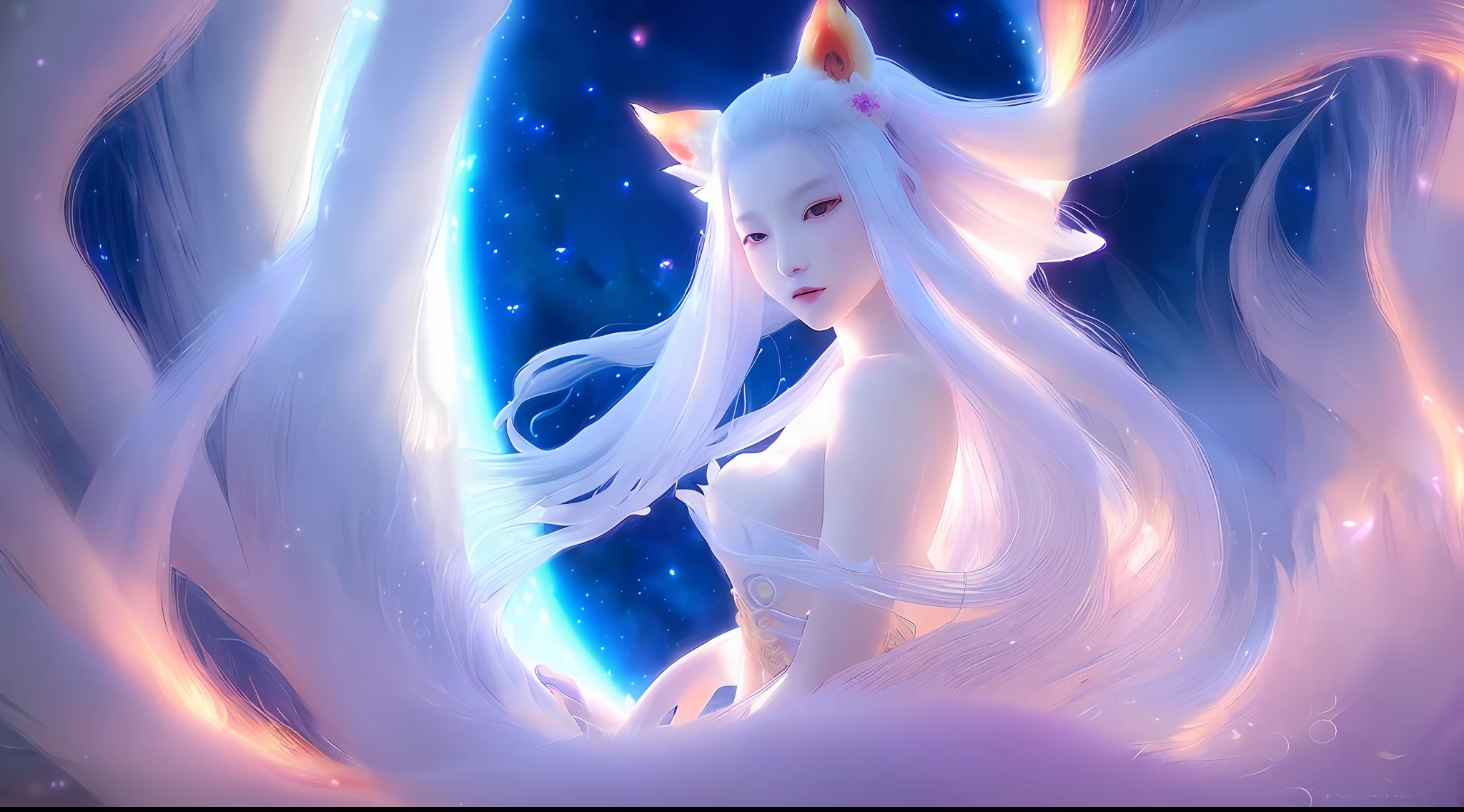 Highest quality, masterpiece, legendary nine-tailed fox), Onmyoji detailed art, 1 nine-tailed fox, ((nine-tailed)), (female face), (feminine), (off-the-shoulder), (delicate face details), delicate tail details, mythical creatures, facing the camera, beautiful digital artwork, exquisite digital illustration glare, high contrast, lens flare,
