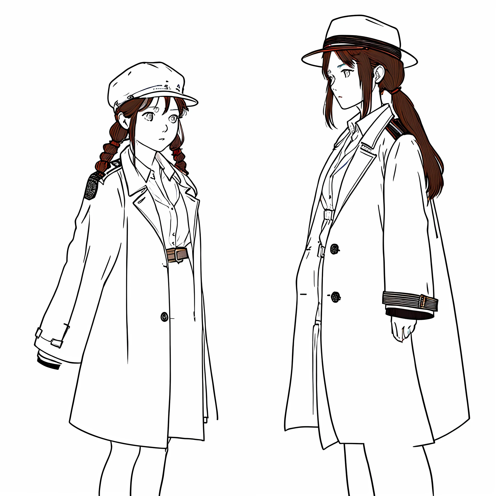 Female, college student, gray-blue and greenish eyes, black shoulder-length hair, combed two low pigtails, wearing a white shirt and a long brown trench coat, wearing a hat with a red rim on a black background, and clips under the hat