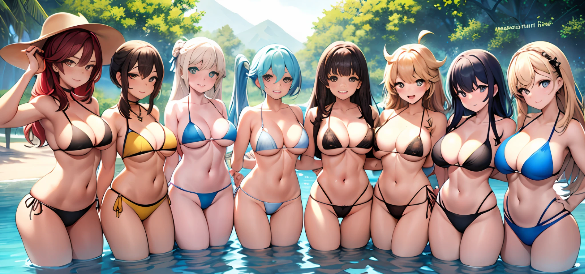 {{{masterpiece}}}, {{{{{official art}}}}}, ((best quality)), many womans, group shot, bikini, colorful,