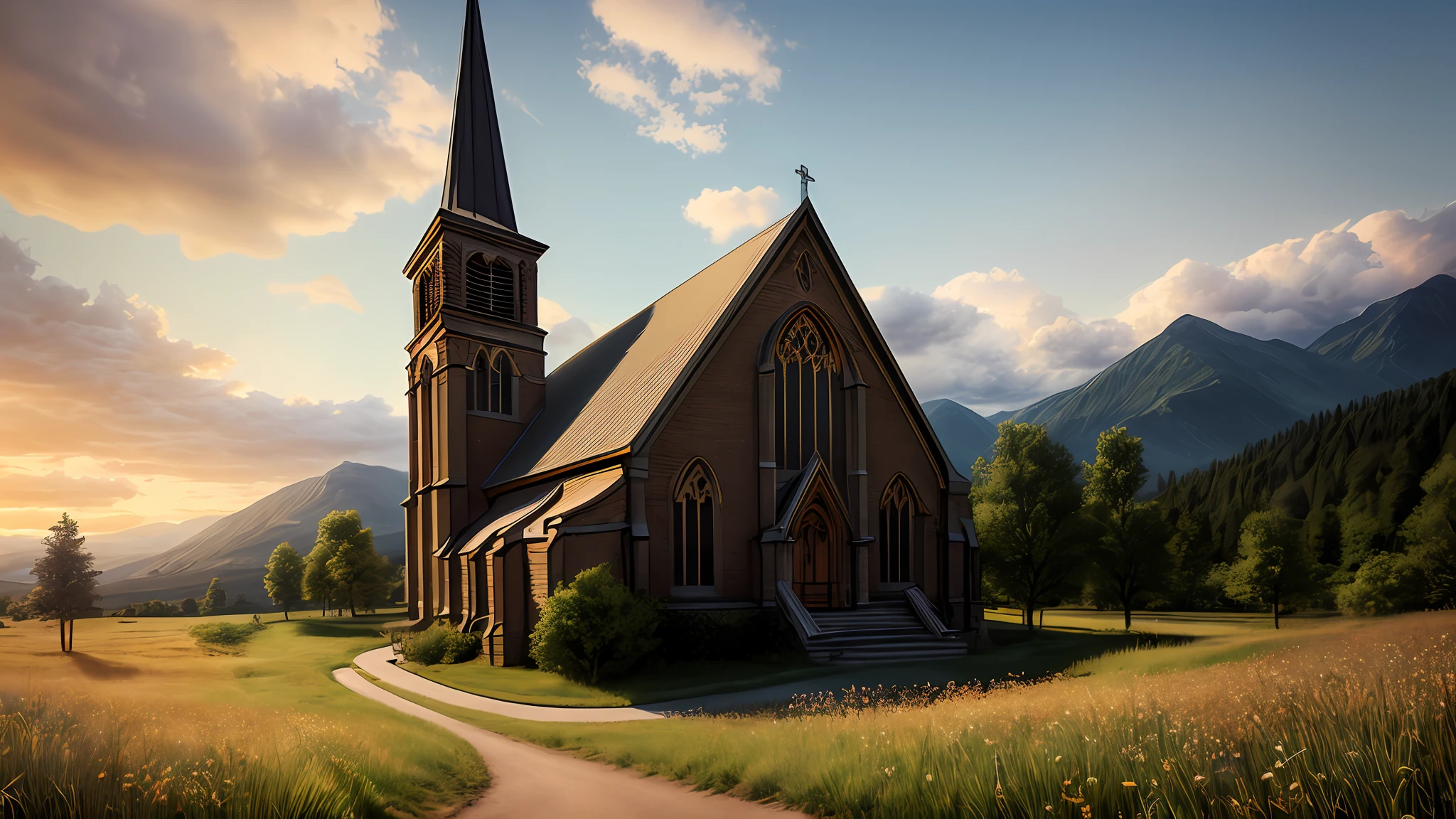 Epic movie poster, professional photo, beautiful church in amazing summer landscape, professional digital art, professional lighting, dramatic lighting, high resolution, 8k, ultra high definition, HDRI, style, model shoot style, style rcnz_hqr