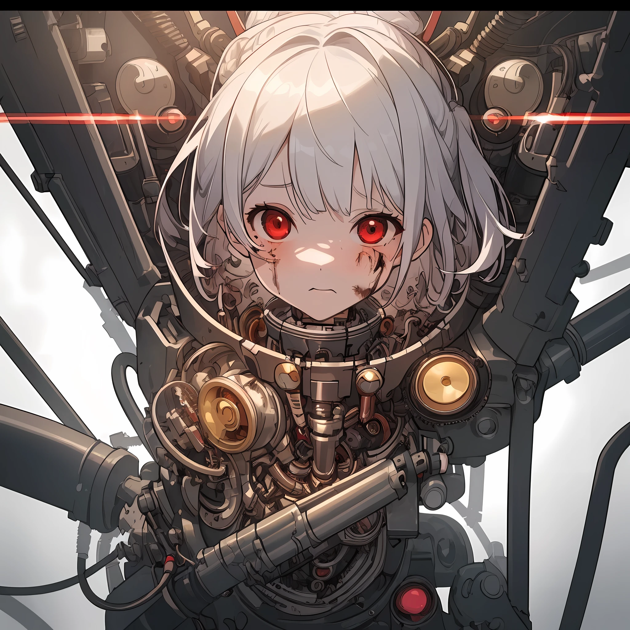 Masterpiece, illustration,8K wallpaper, super detailed,portrait,(full body),((damaged)),dissection, (1 girl:1.5),(solo),(Machine),white hair,Medium breasts,Beautiful detailed red eyes,(Mechanical (heart)),(Dirty face:1.3), (Wire),(Transmission tube), dissection, with internal mechanical parts exposed from the injury and short circuit,indicate,suffering heavy damage to her body and waist, dissection, with internal mechanical parts exposed from the injury and short circuit,indicate,(in Assemble:1.3), ,natural light, light tracing