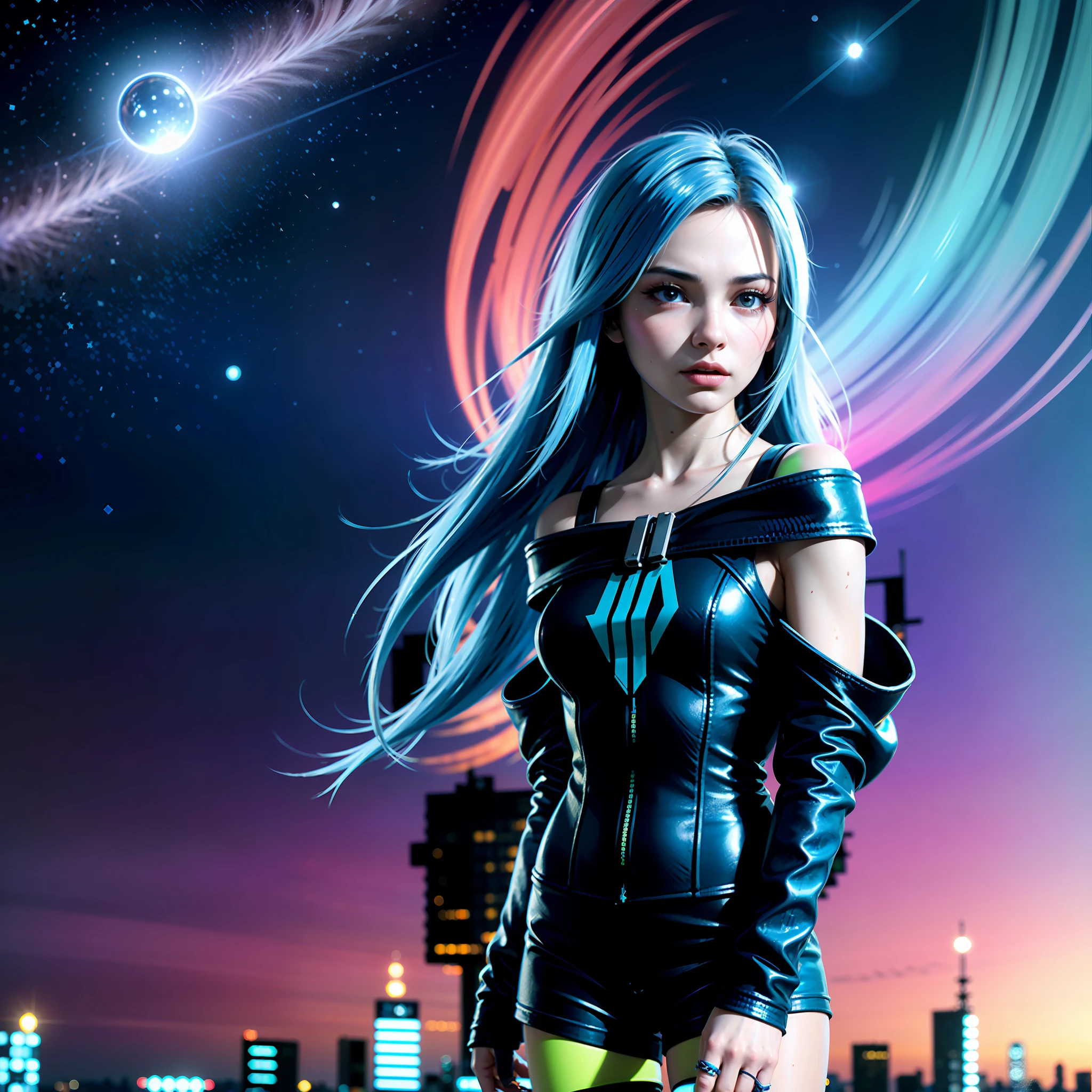 (masterpiece), best quality, ultra high res,little girl, cyberpunk 1girl flying above stunning cityscape ,hoodie,blue hair,  neon color shooting stars, very long hair, off shoulder, feather hair ornament, neon colors, flashes, stunning night sky, cinematic lighting, photorealistic, realistic skin, HDR,fisheye