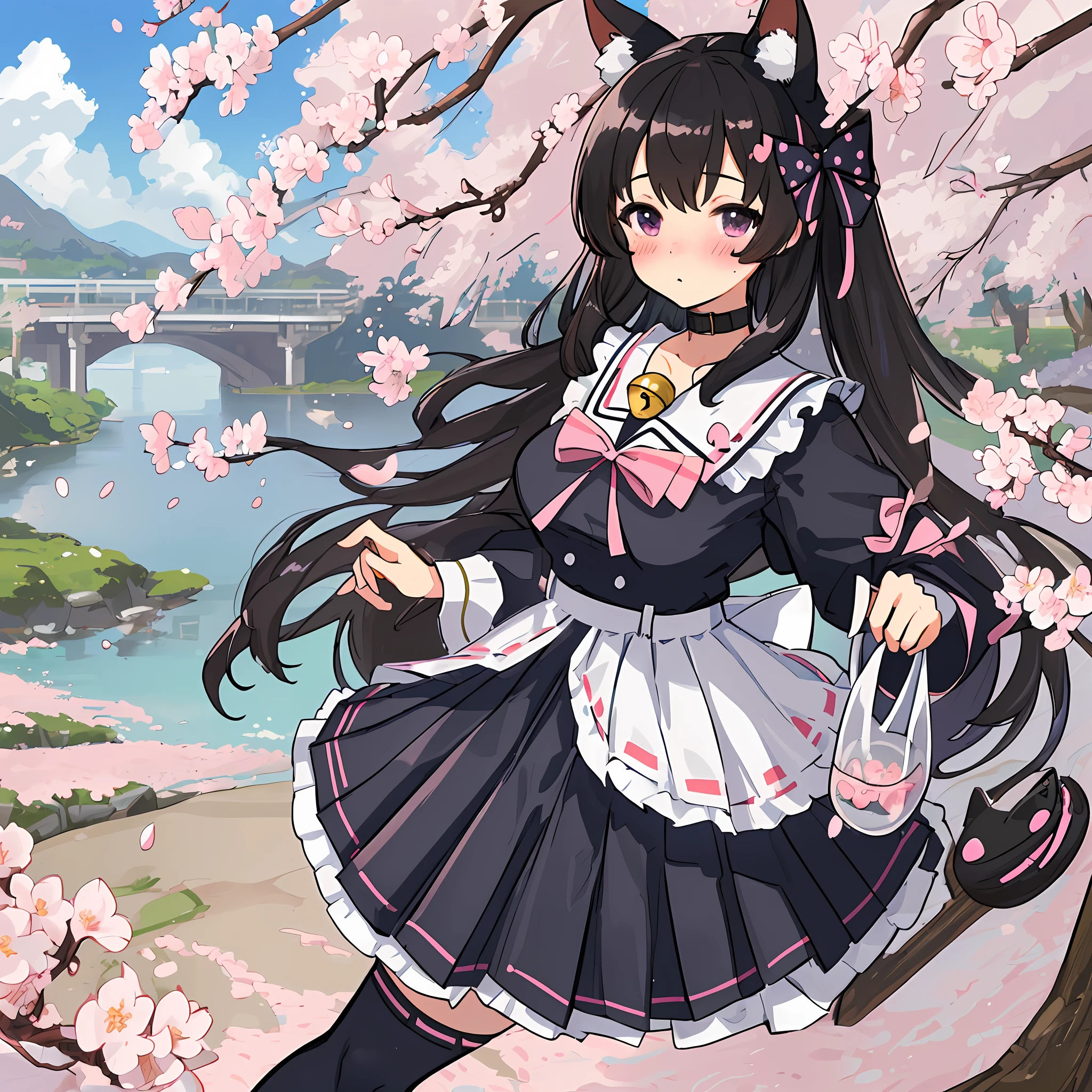 masterpiece,best quality,highly detailed,,huge_filesize,highres,cosplay,hair_bow,bell,collar,serafuku,pleated_skirt,garter_belt,polka_dot,kemonomimi_mode,blush,black_hair,black_eyes,adjusting_thighhigh,sake,cherry_blossoms,sky