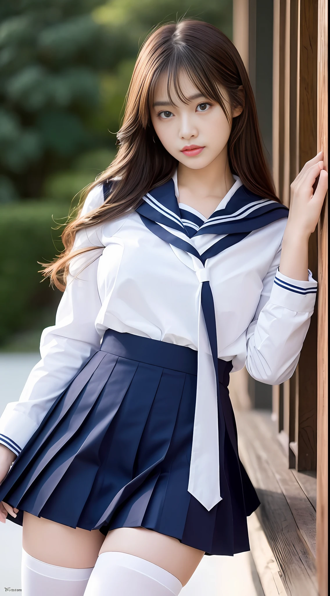 ((Night view, realistic light, best quality, 8k, masterpiece: 1.3)), 1 girl, slender beautiful woman: 1.4, (brown hair, huge breasts: 1.45), bed, super detailed face, detailed eyes, double eyelids, asian woman posing for photo pink skirt and white shirt, japanese girl school uniform, loose collar sailor uniform, sakimichan, amazing student uniform, white Japanese costume, ulzzang, wearing Japanese school uniform, Stylish white tights suit, beautiful, charming, beautiful to the extreme, close-up of the face